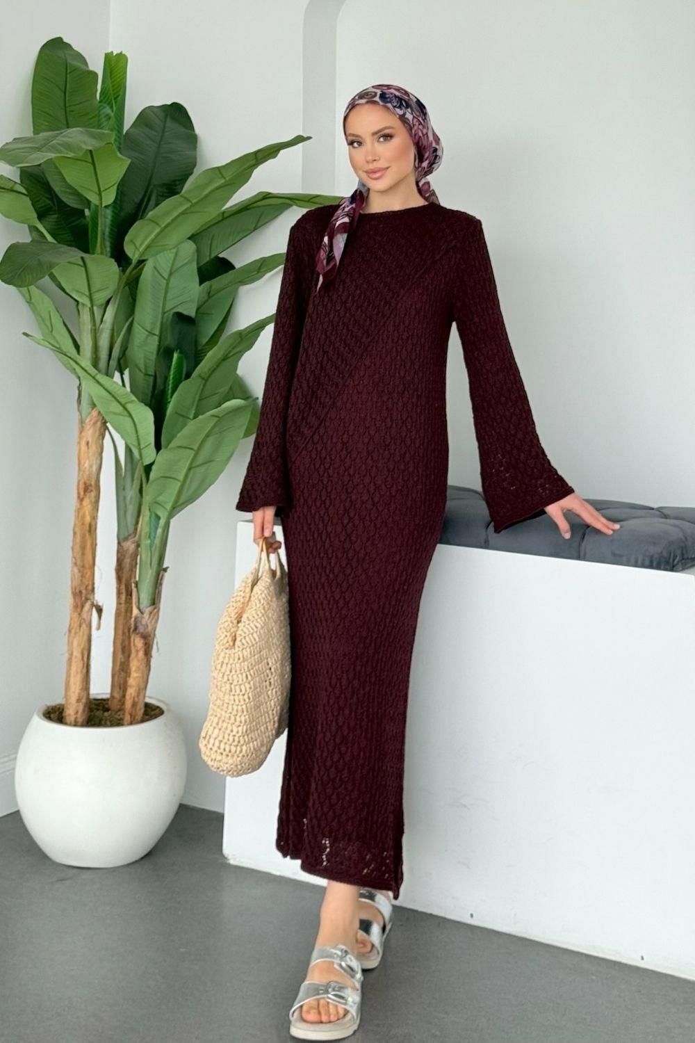 Asimetrik Ön Dty Ajur Örme Elbise Bordo 10055 