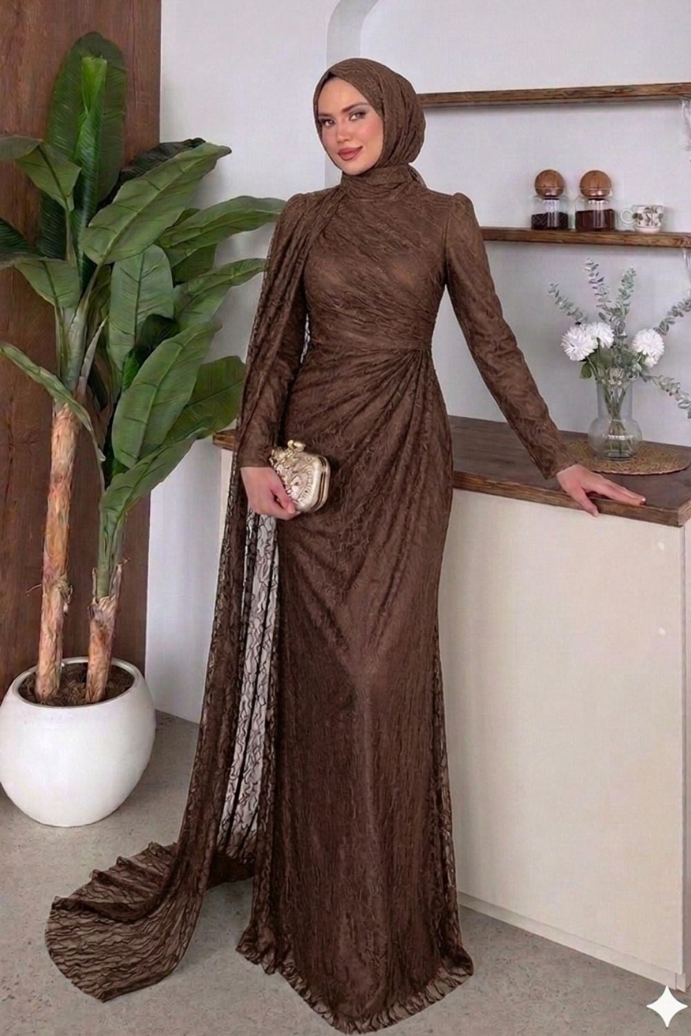 Colette Yandan Pelerin Abiye Kahverengi 10061 