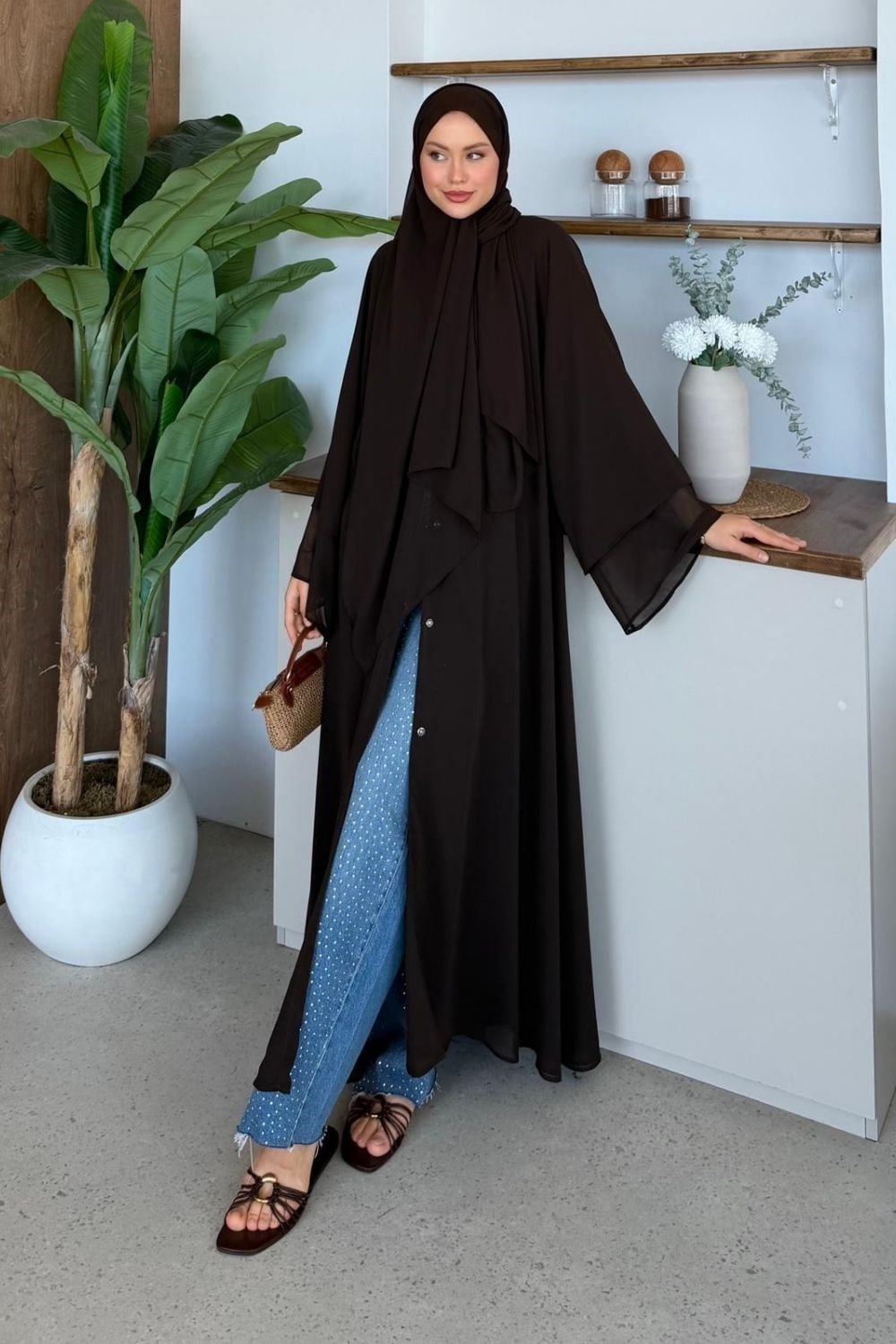 Hümay Çıtçıtlı Şal Detay Abaya Kahverengi 10063 