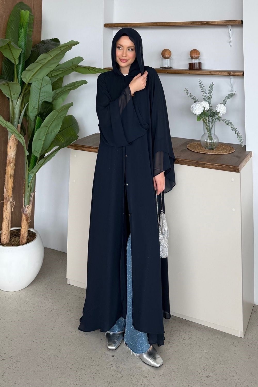 Hümay Çıtçıtlı Şal Detay Abaya Lacivert 10063 