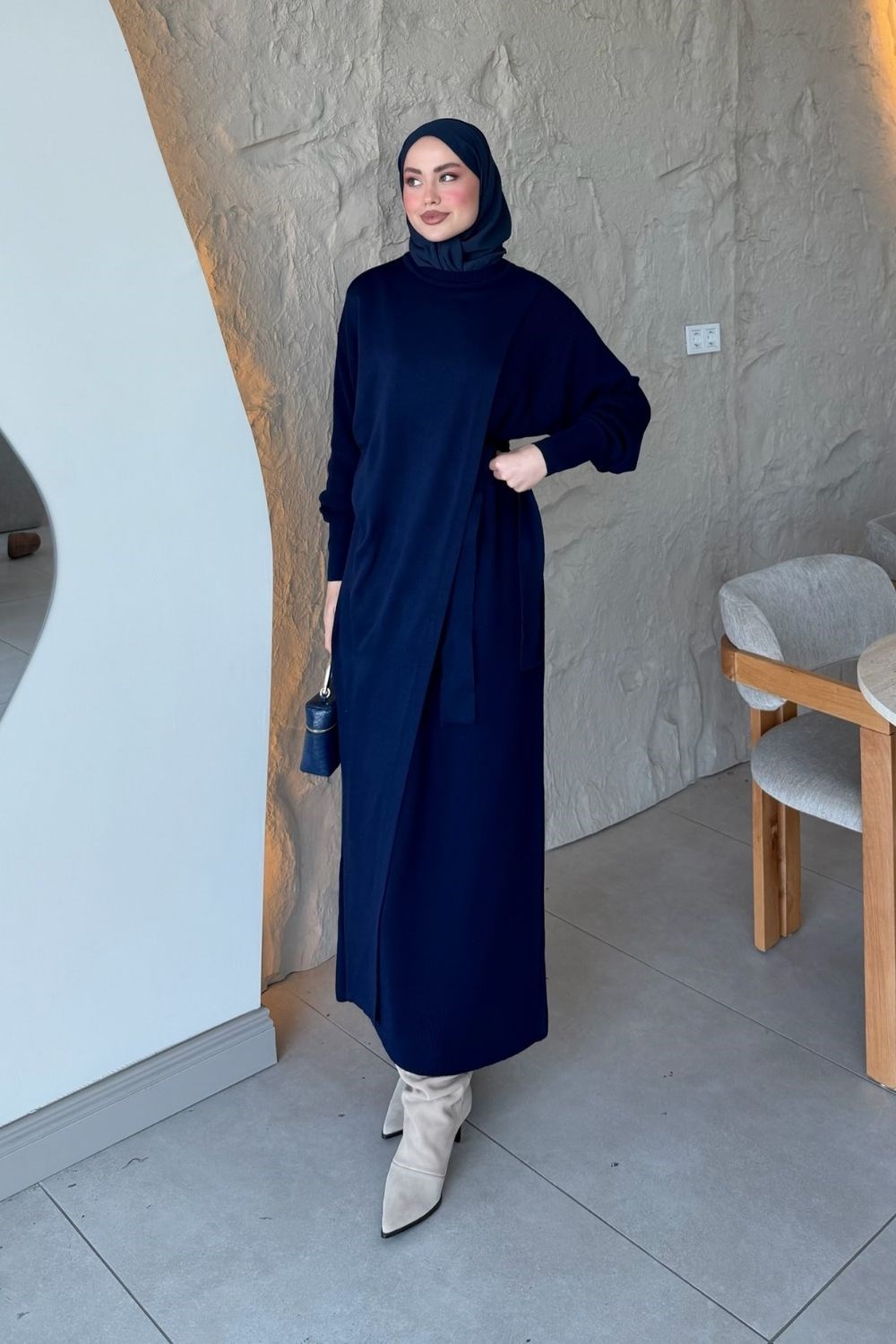 Aryel Kuşaklı Elbise Lacivert 10087 