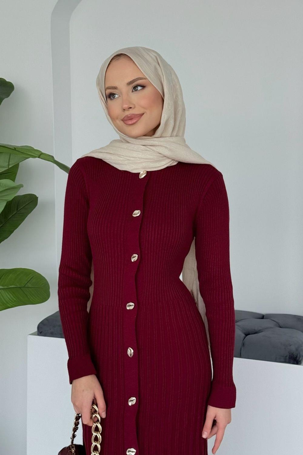 Endam Düğmeli Elbise Bordo 10201 