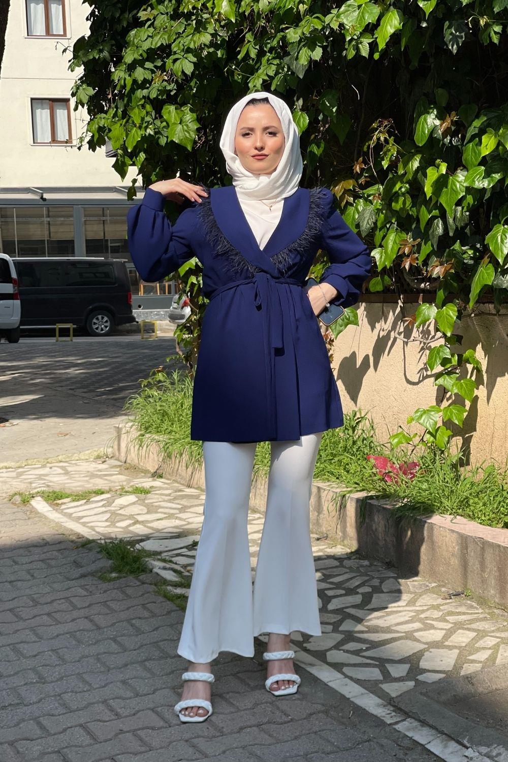 Yakası Tüylü Ceket Saks 1040 