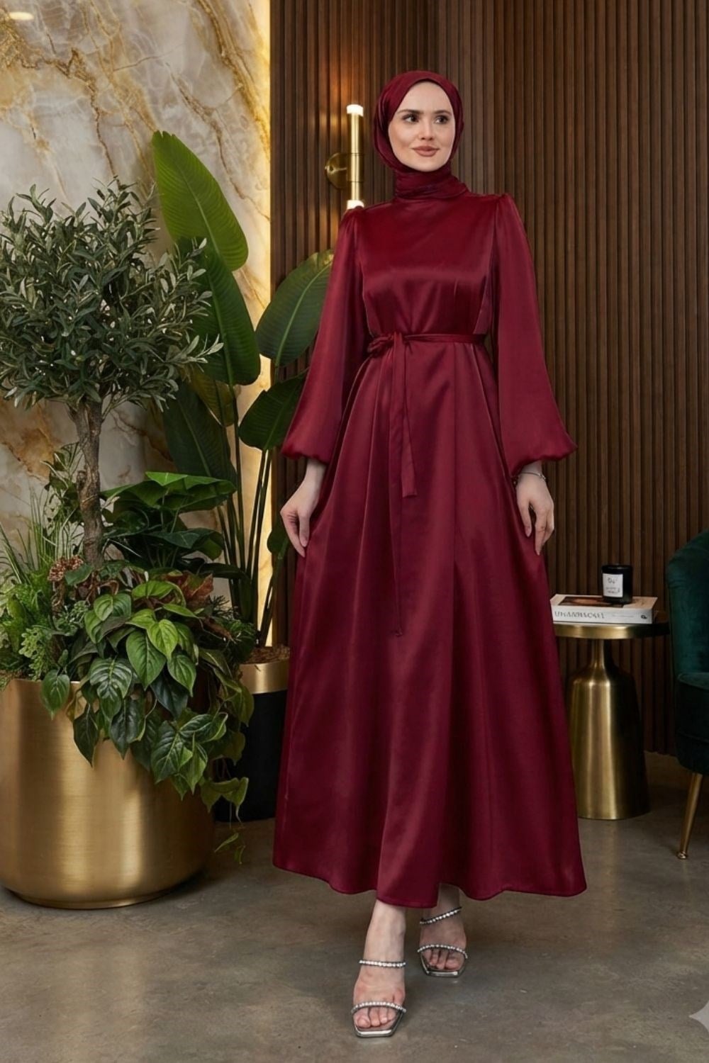 Tuğba  Saten Elbise Bordo 10650 