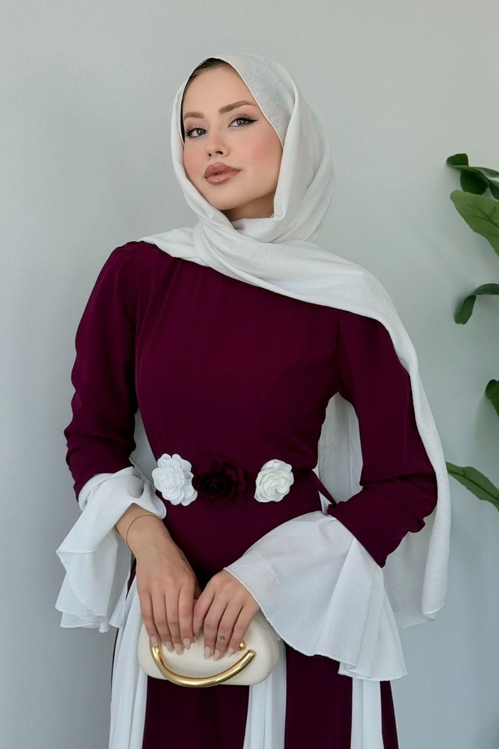 Kran Çift Renkli Elbise Mürdüm 1083 