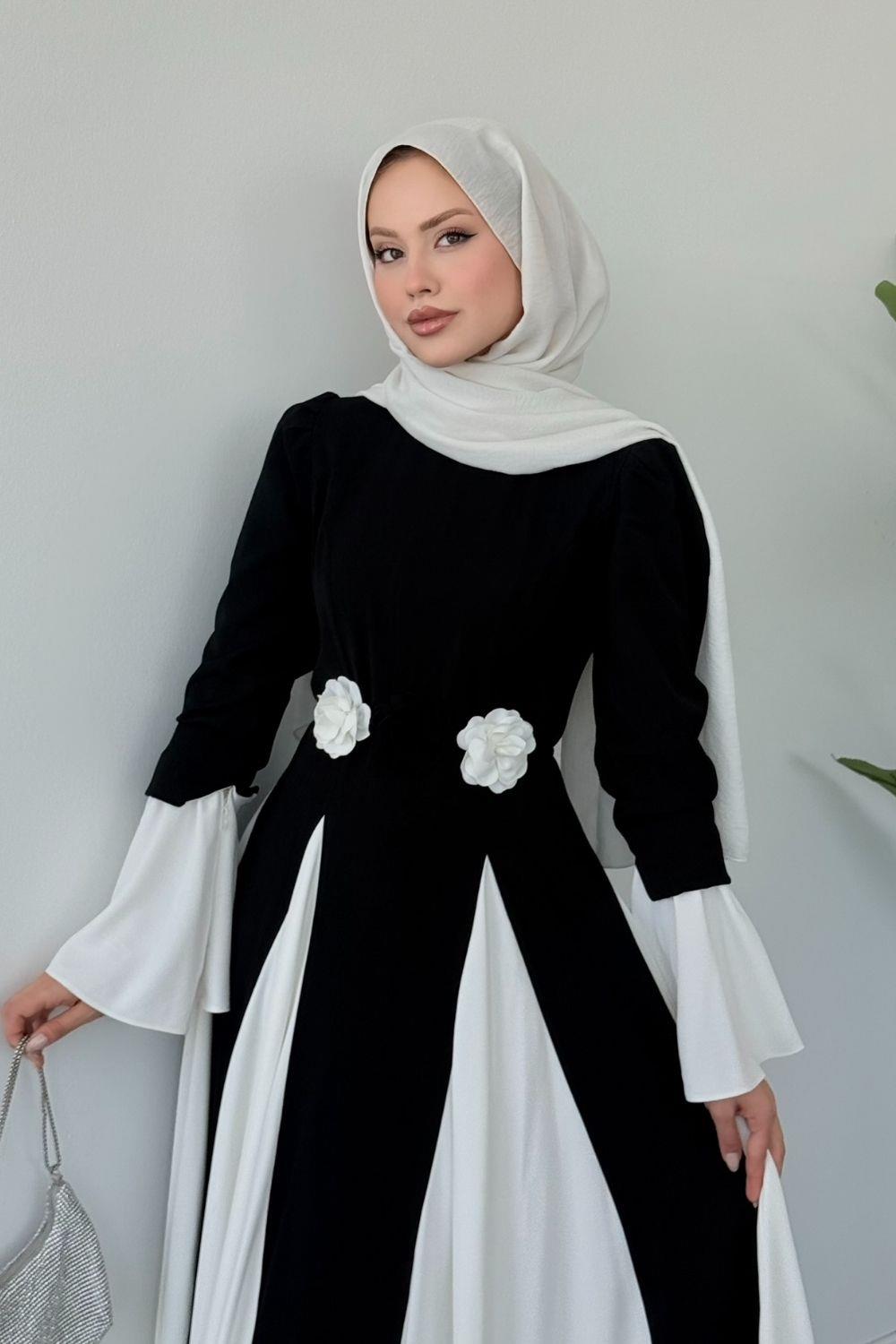 Kran Çift Renkli Elbise Siyah 1083 