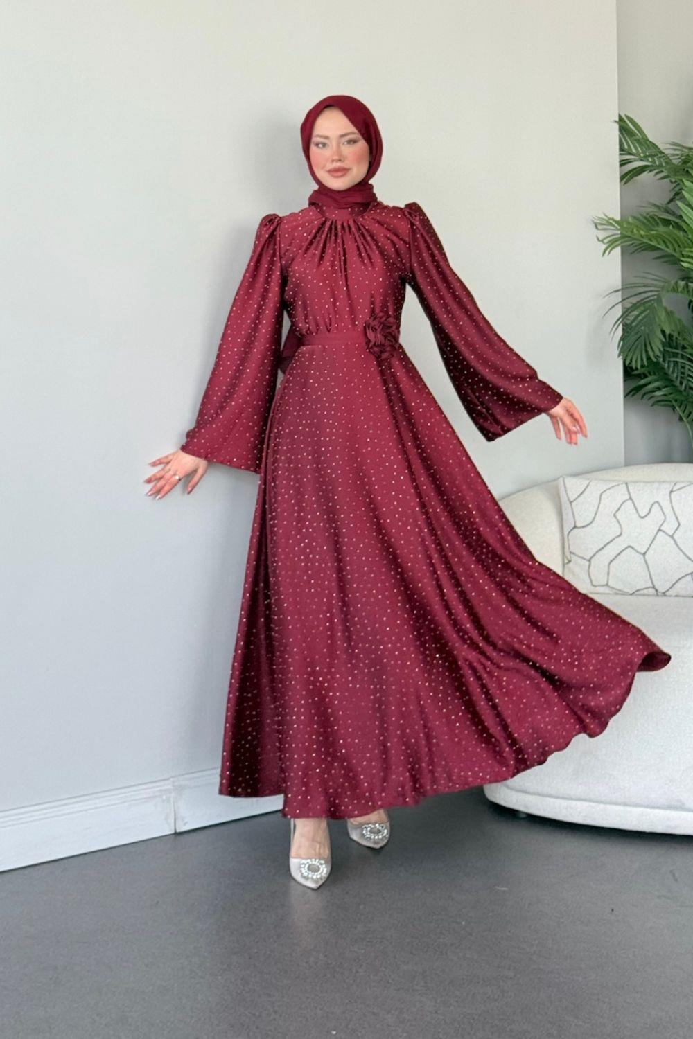 Taşlı Gül Tokalı Abiye Bordo 11210 