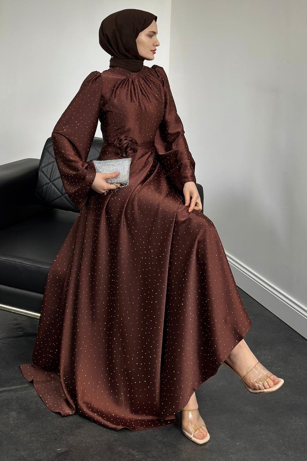 Taşlı Gül Tokalı Abiye Kahverengi 11210 