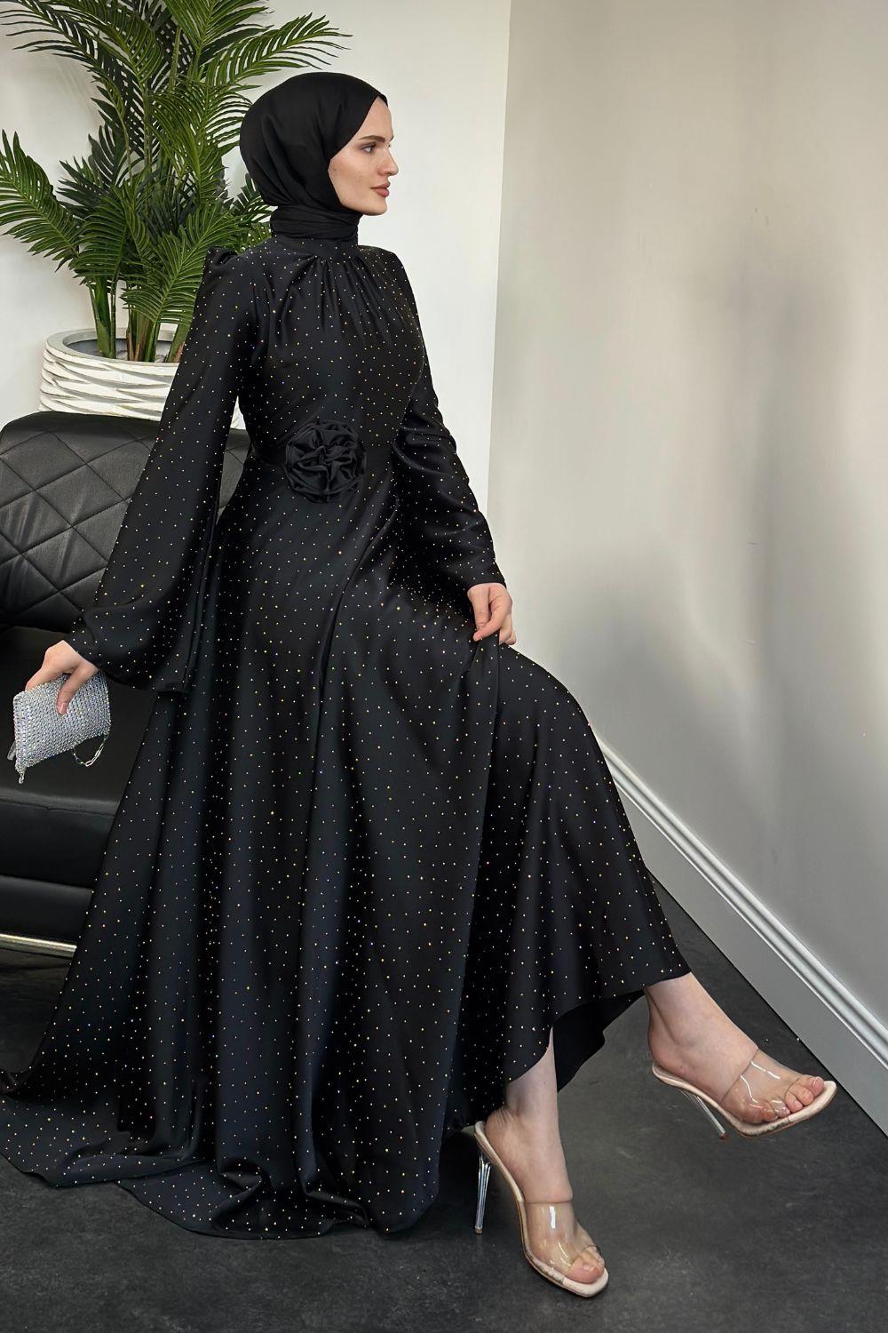 Taşlı Gül Tokalı Abiye Siyah 11210 