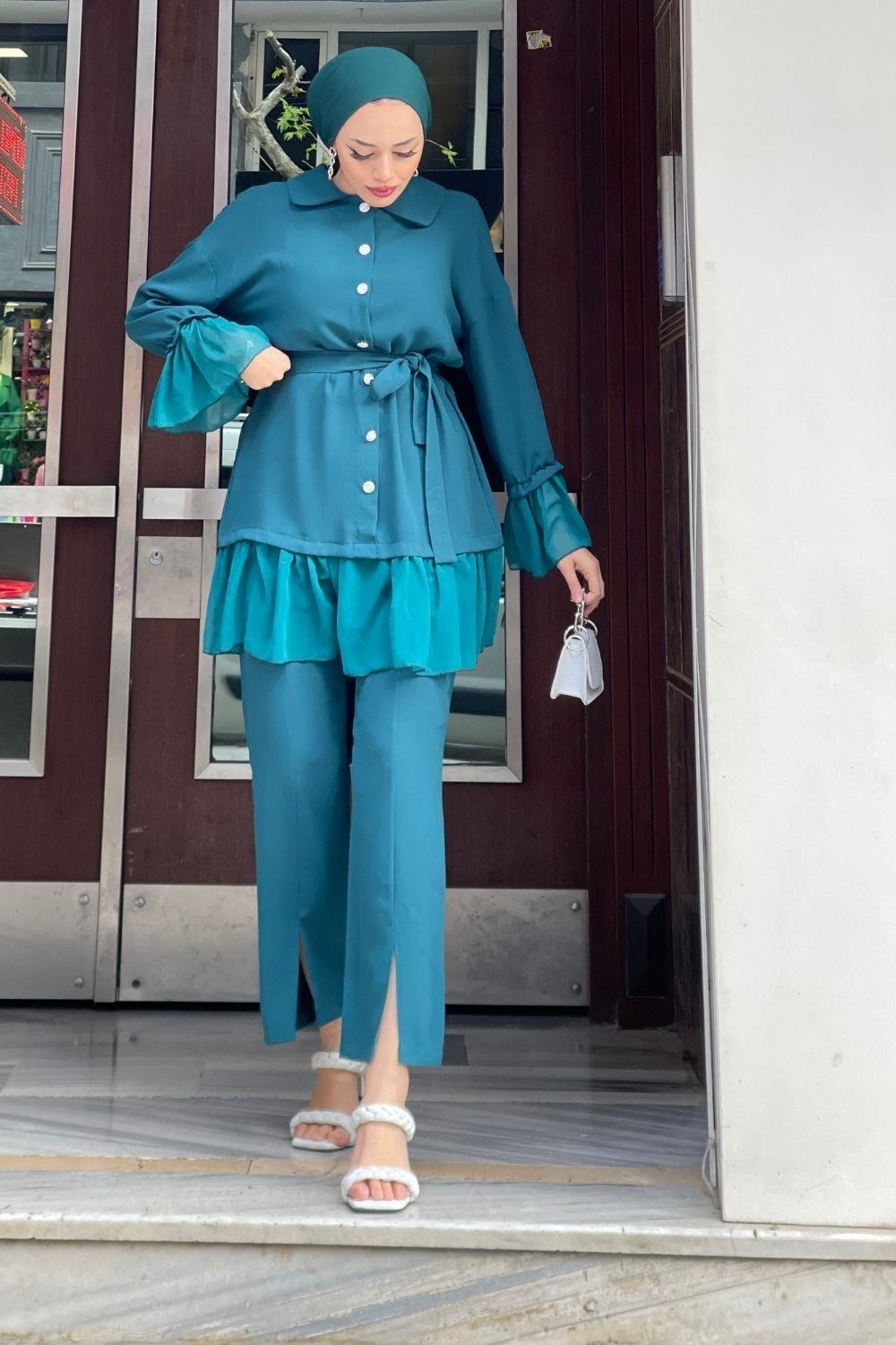 طقم بنطلون شيفون بأكمام زيتية