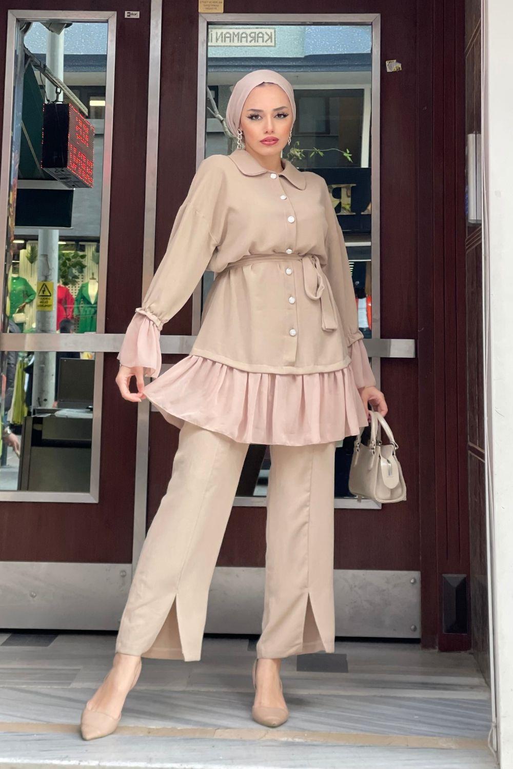 طقم بنطلون شيفون بأكمام حجرية