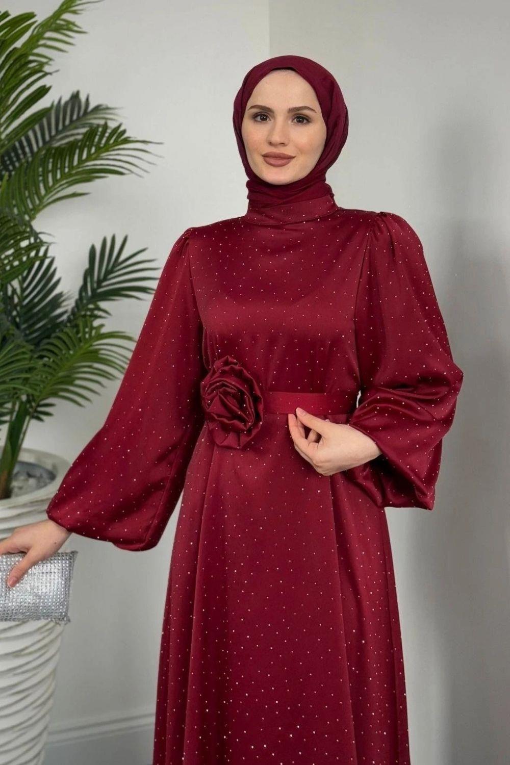 Es Taşlı Elbise Bordo 1136 
