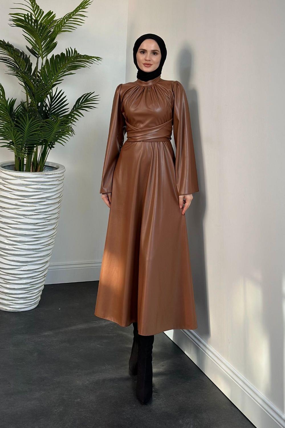 Çapraz Kemerrli Deri Elbise Kahverengi 11501 