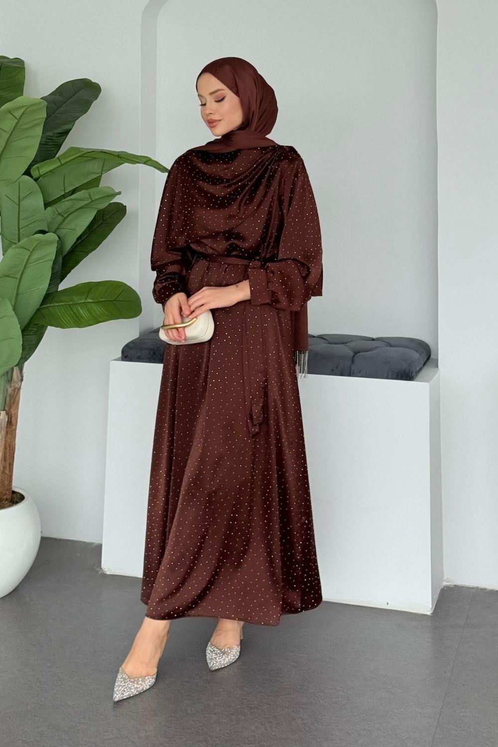 Su Taşlı Elbise Kahverengi 1158 