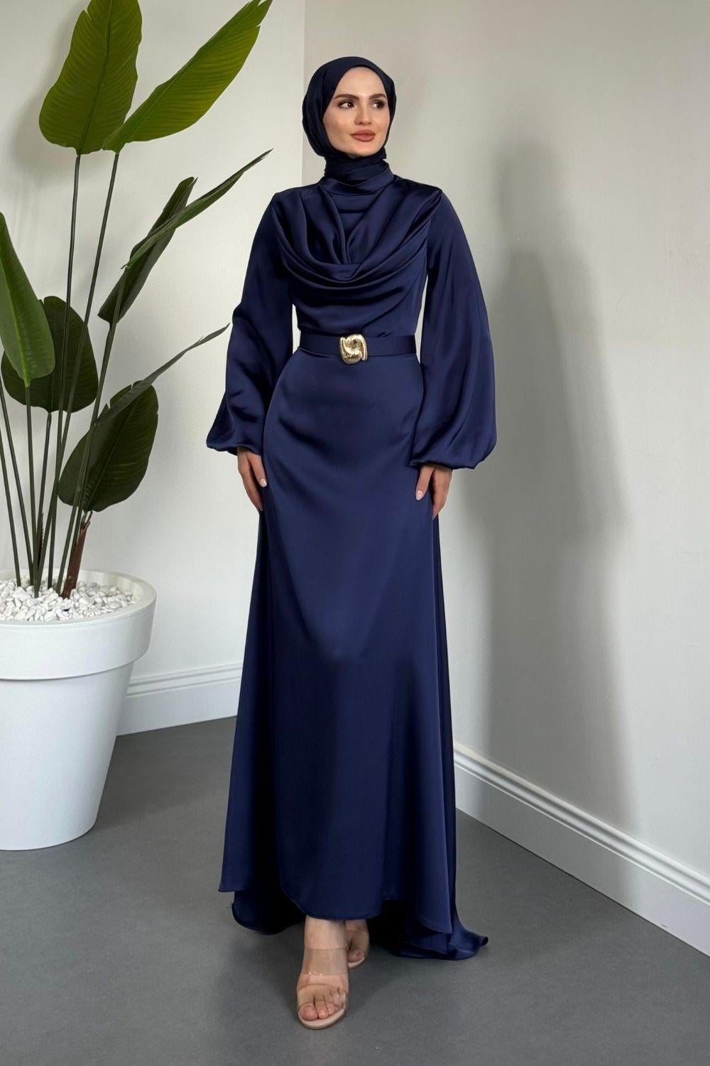 Degaje Saten Elbise Lacivert 1162 