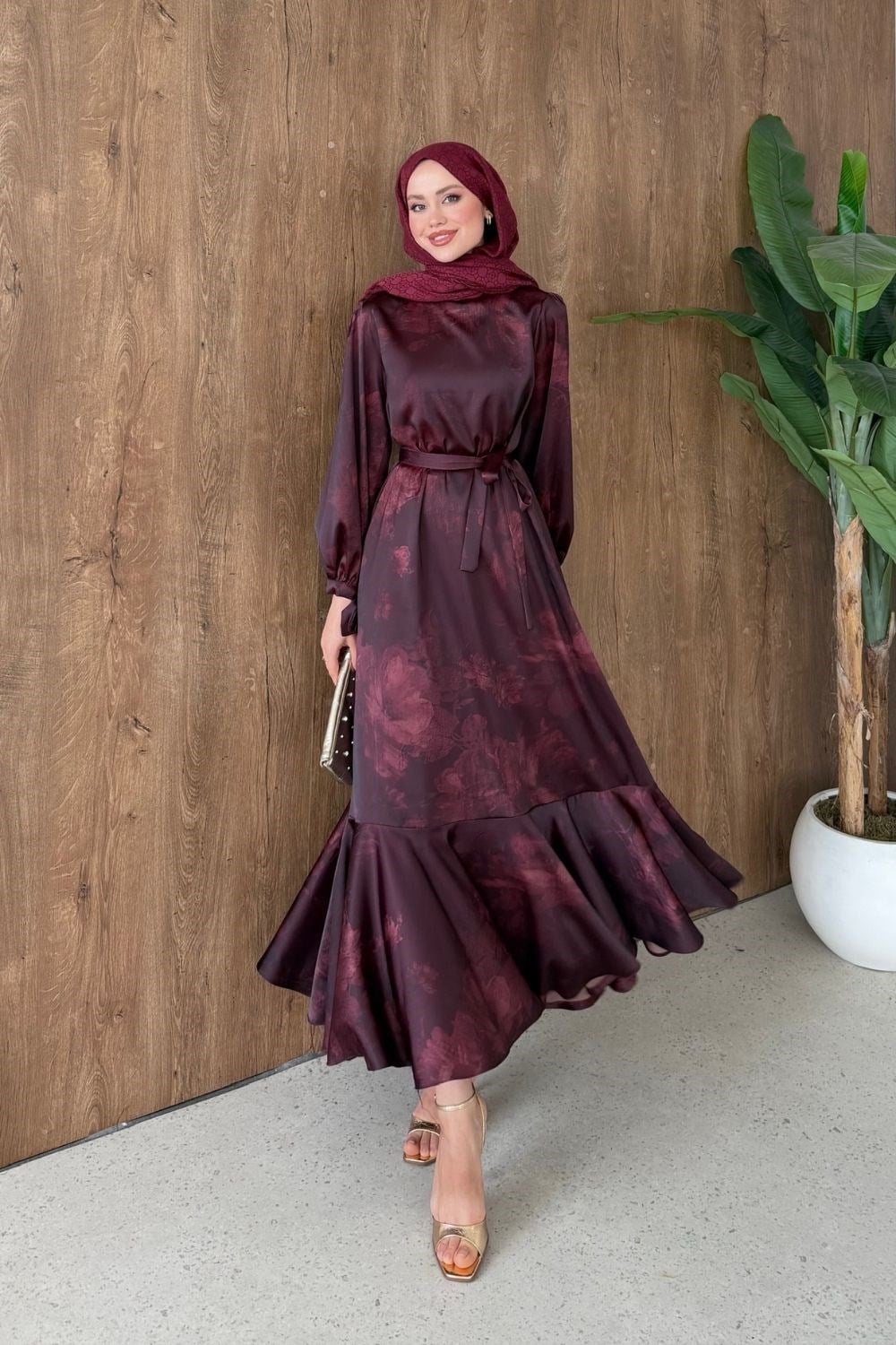Melike Desenli Saten Elbise Bordo 1203 