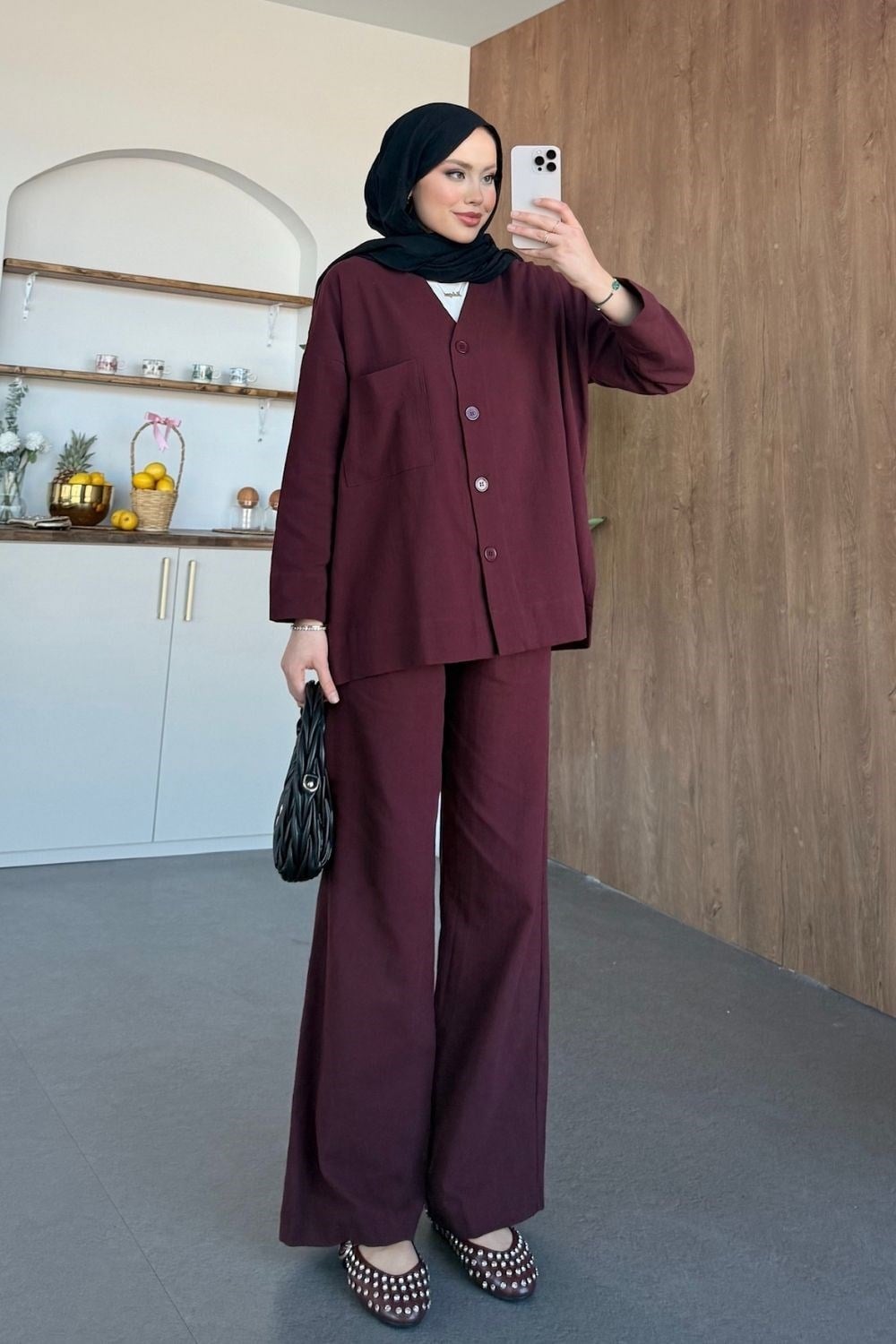 Keten Pantolonlu Takım Bordo 1254-1 