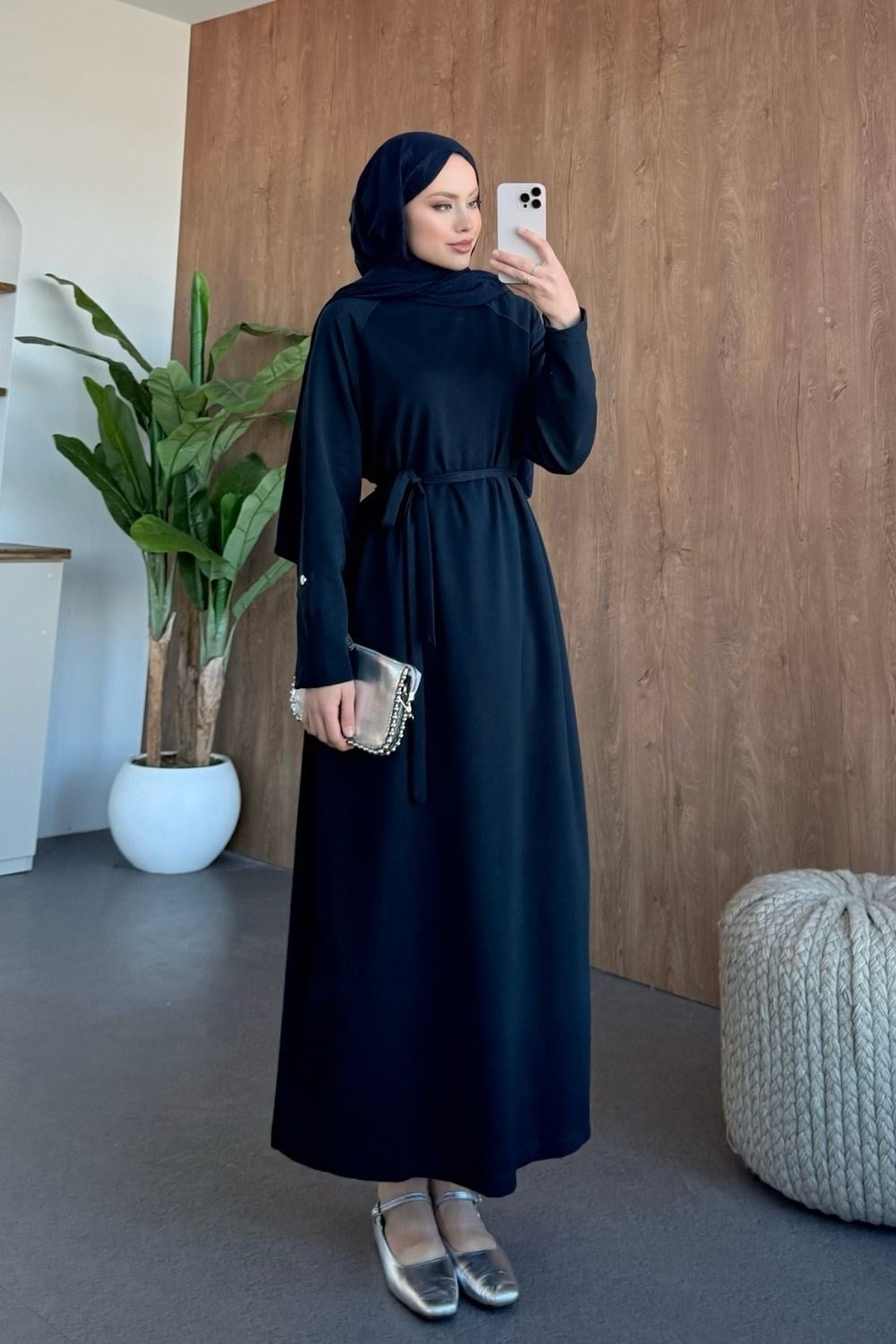 Minimal Kuşaklı  Elbise Lacivert 12671 