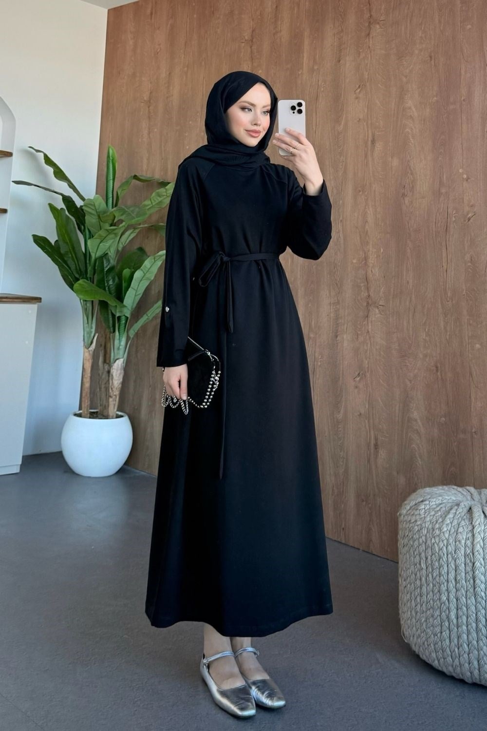 Minimal Kuşaklı  Elbise Siyah 12671 