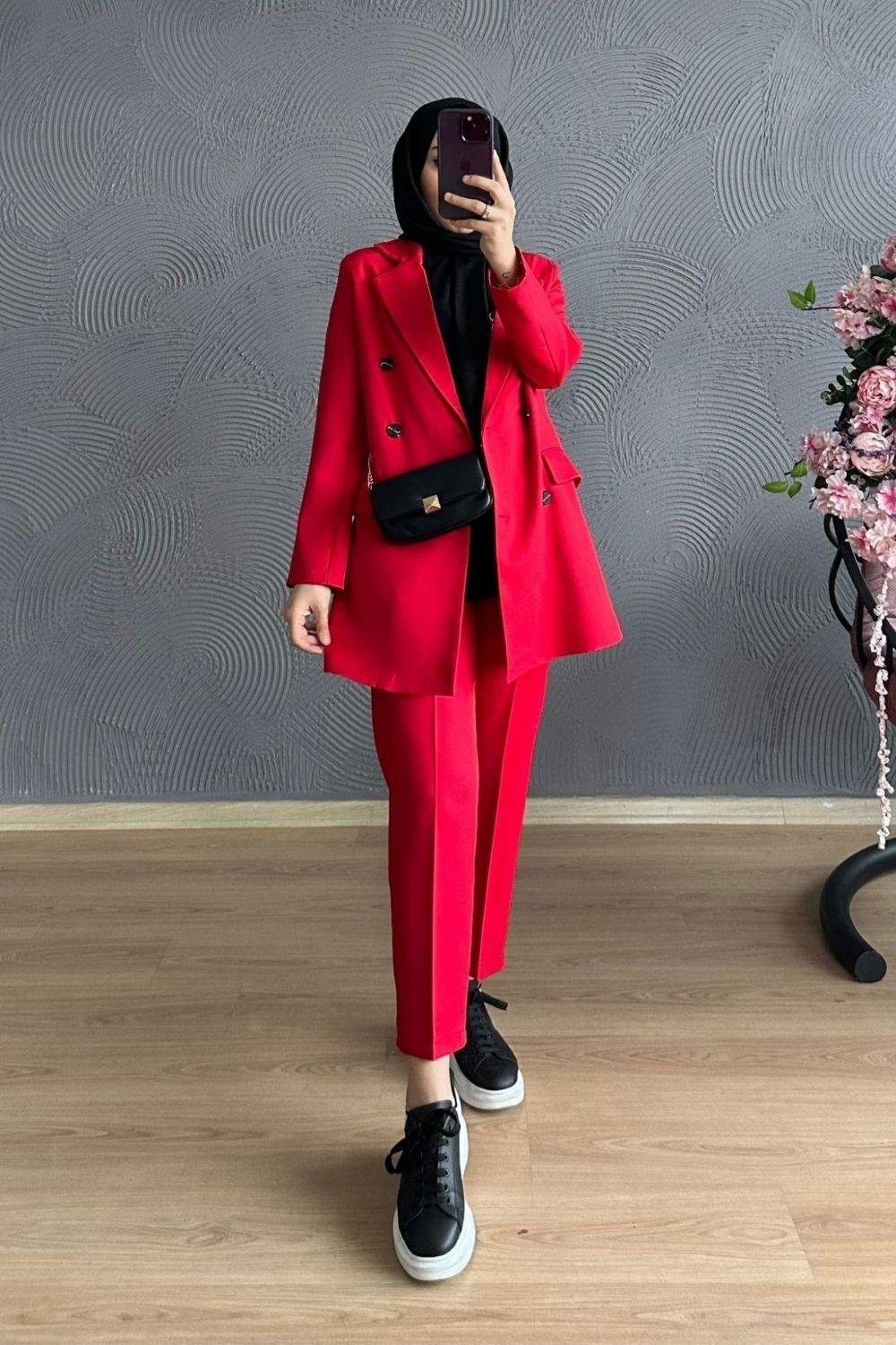 Blazer Ceketli Pantolonlu Takım Kırmızı 1284 