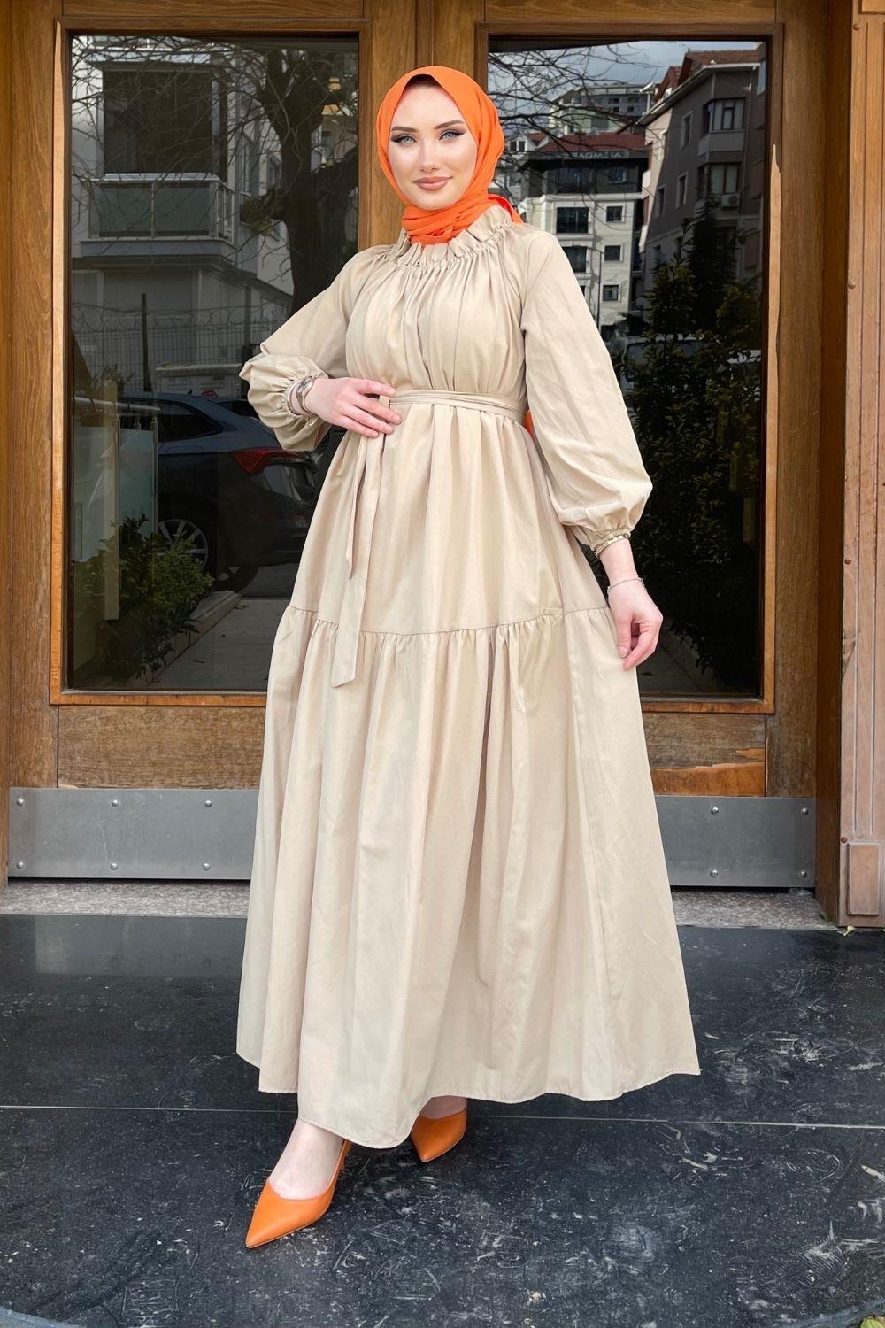 Yakası Büzgülü Terikoton Elbise Camel – Şule Giyim | Tesettür Giyim