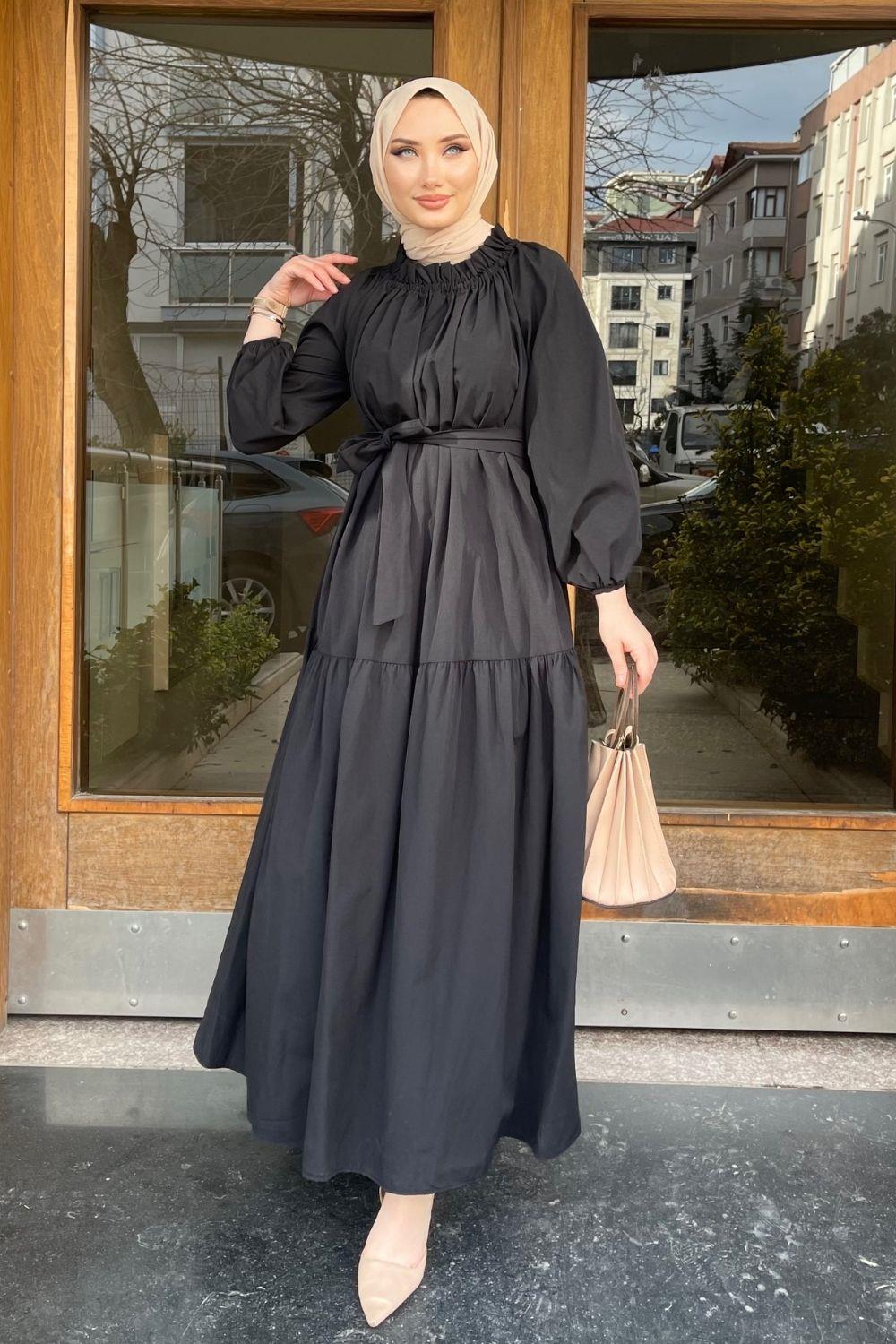 Yakası Büzgülü Terikoton Elbise Siyah – Şule Giyim | Tesettür Giyim