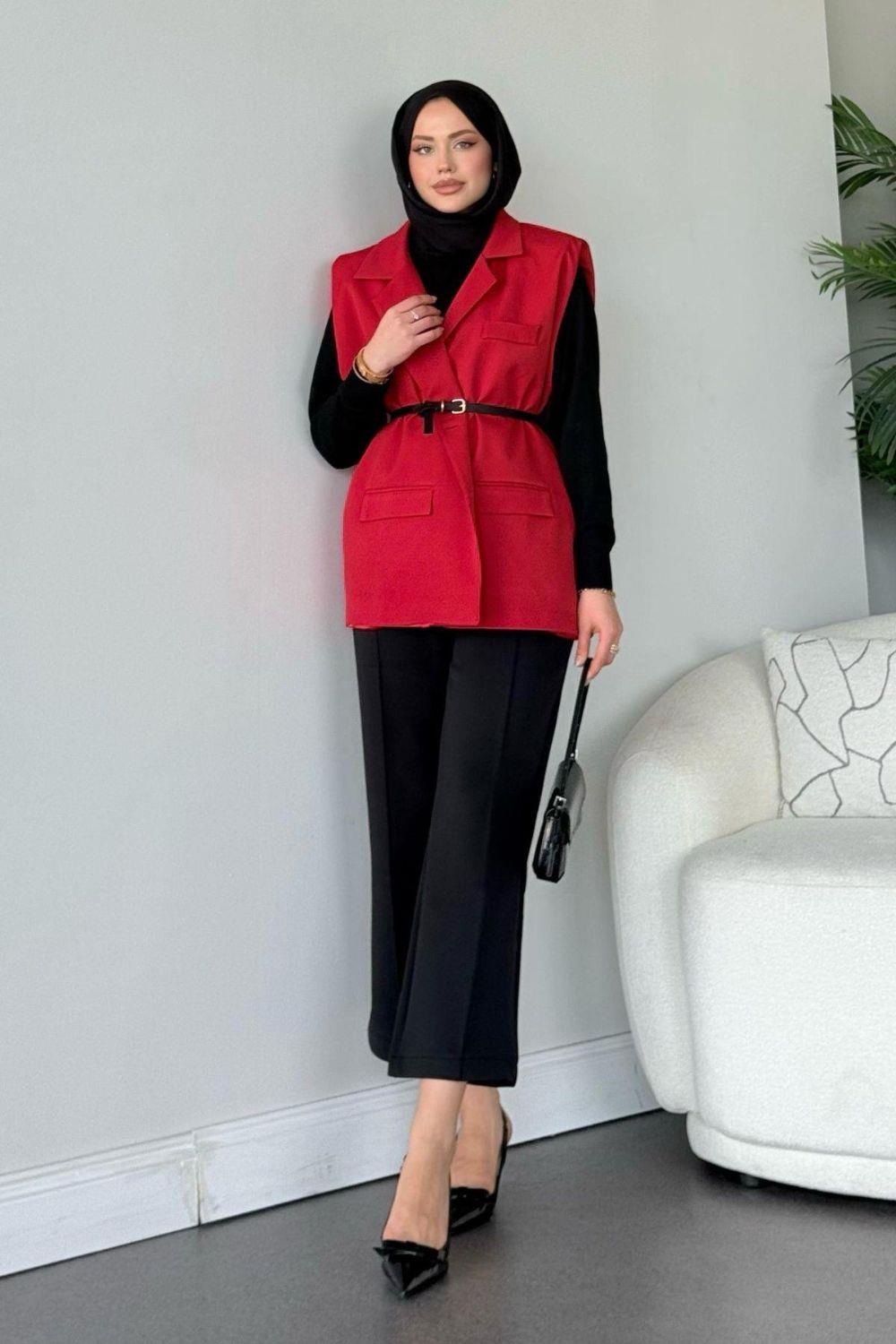 Kemerli Blazer Ceket Kırmızı 13000 