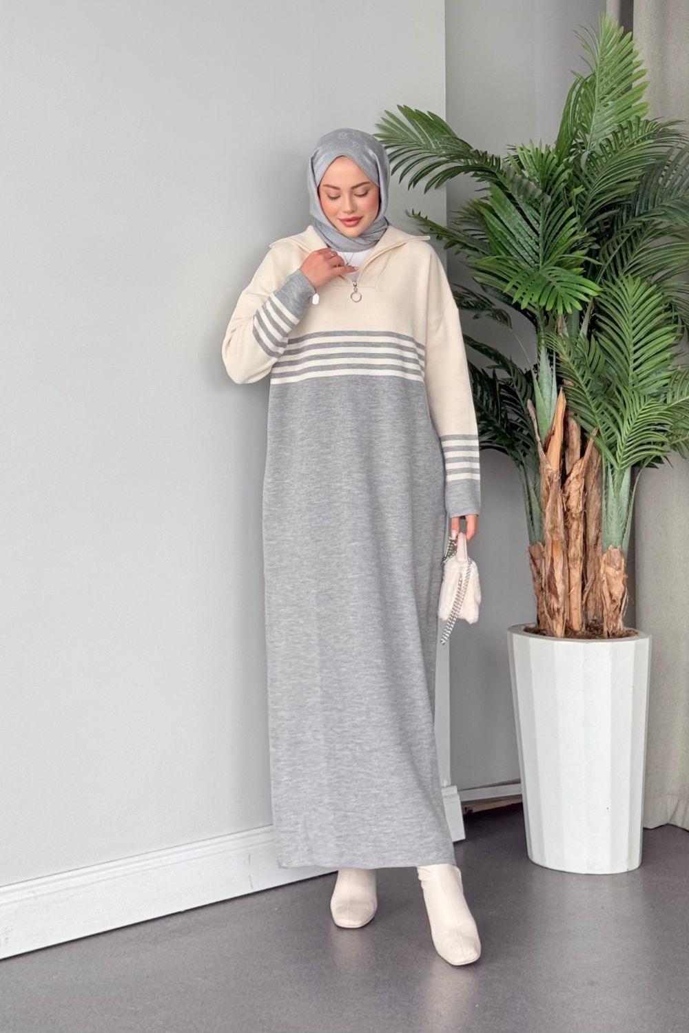 Çizgili Triko Elbise Gri 1366 