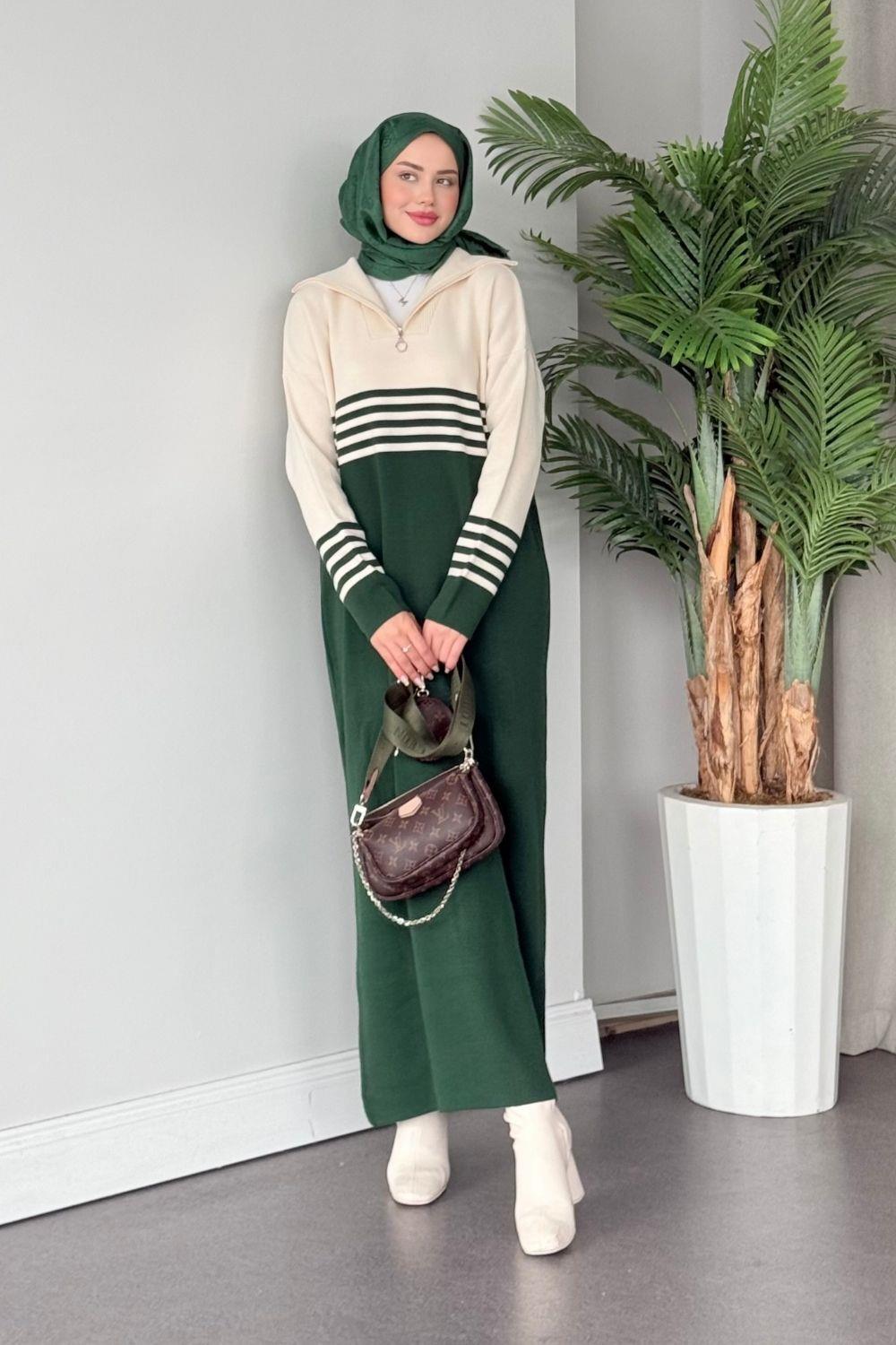 Çizgili Triko Elbise Yeşil 1366 