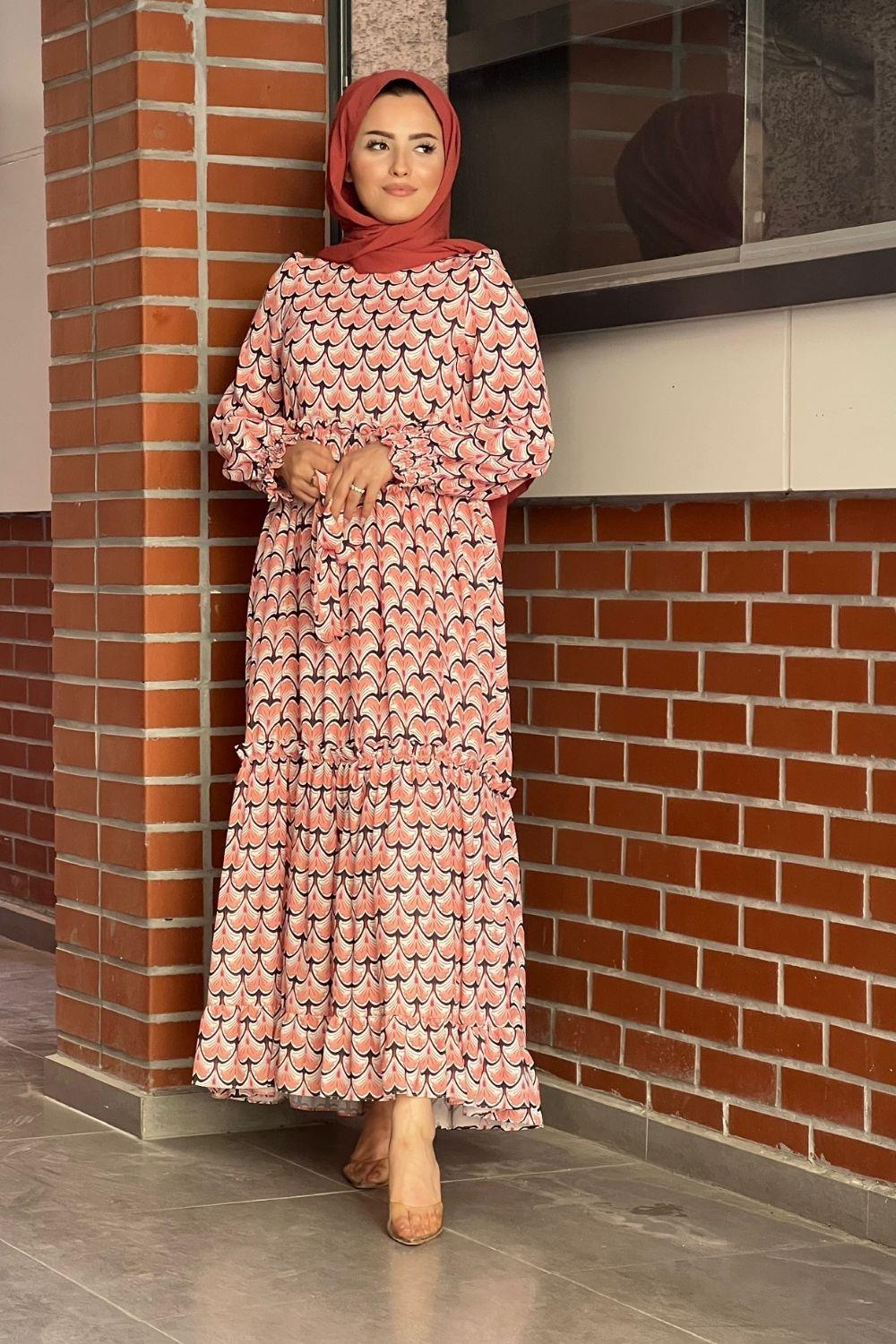 فستان شيفون منقوش السلمون