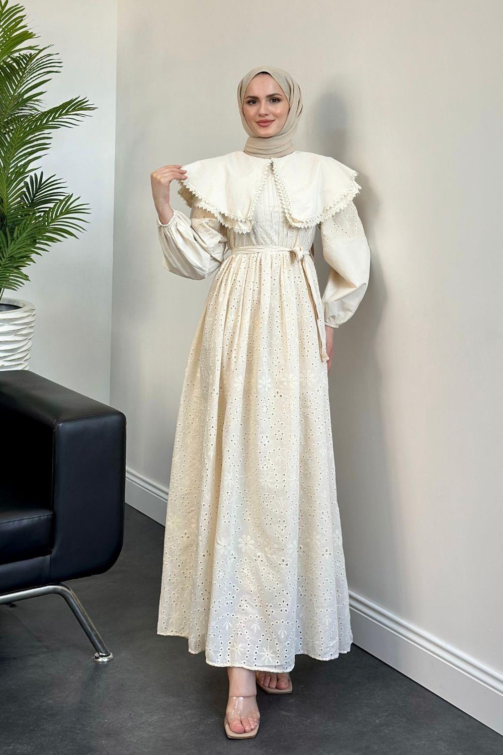 Geniş Yaka Fisto Elbise Bej 1421 