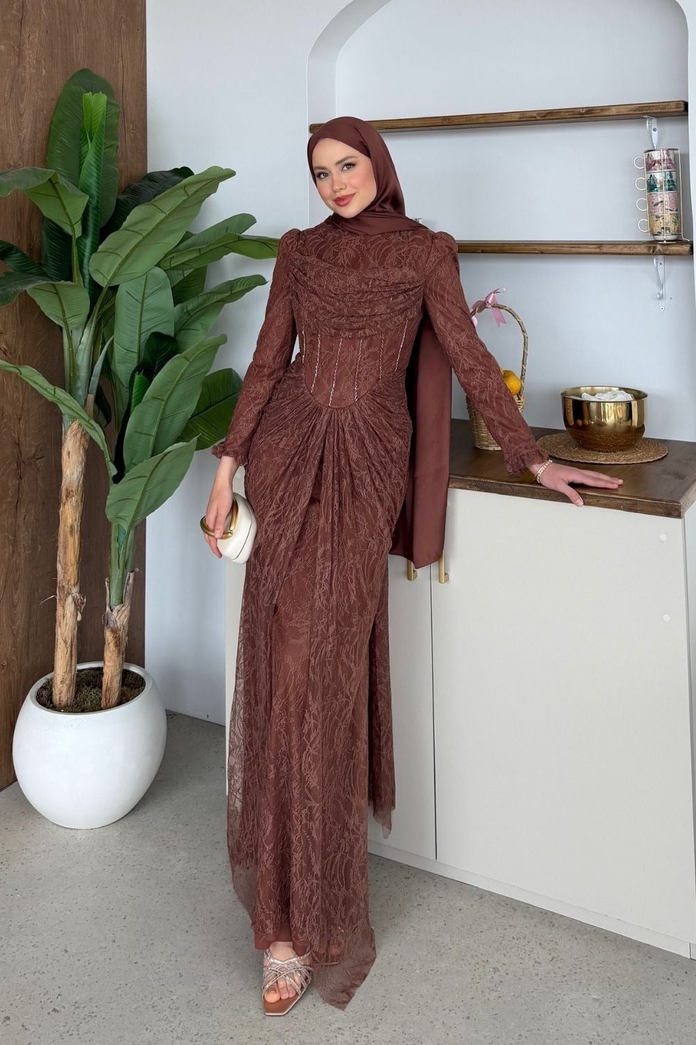 Juliet Korse Detay Dantel Abiye Taba 144 
