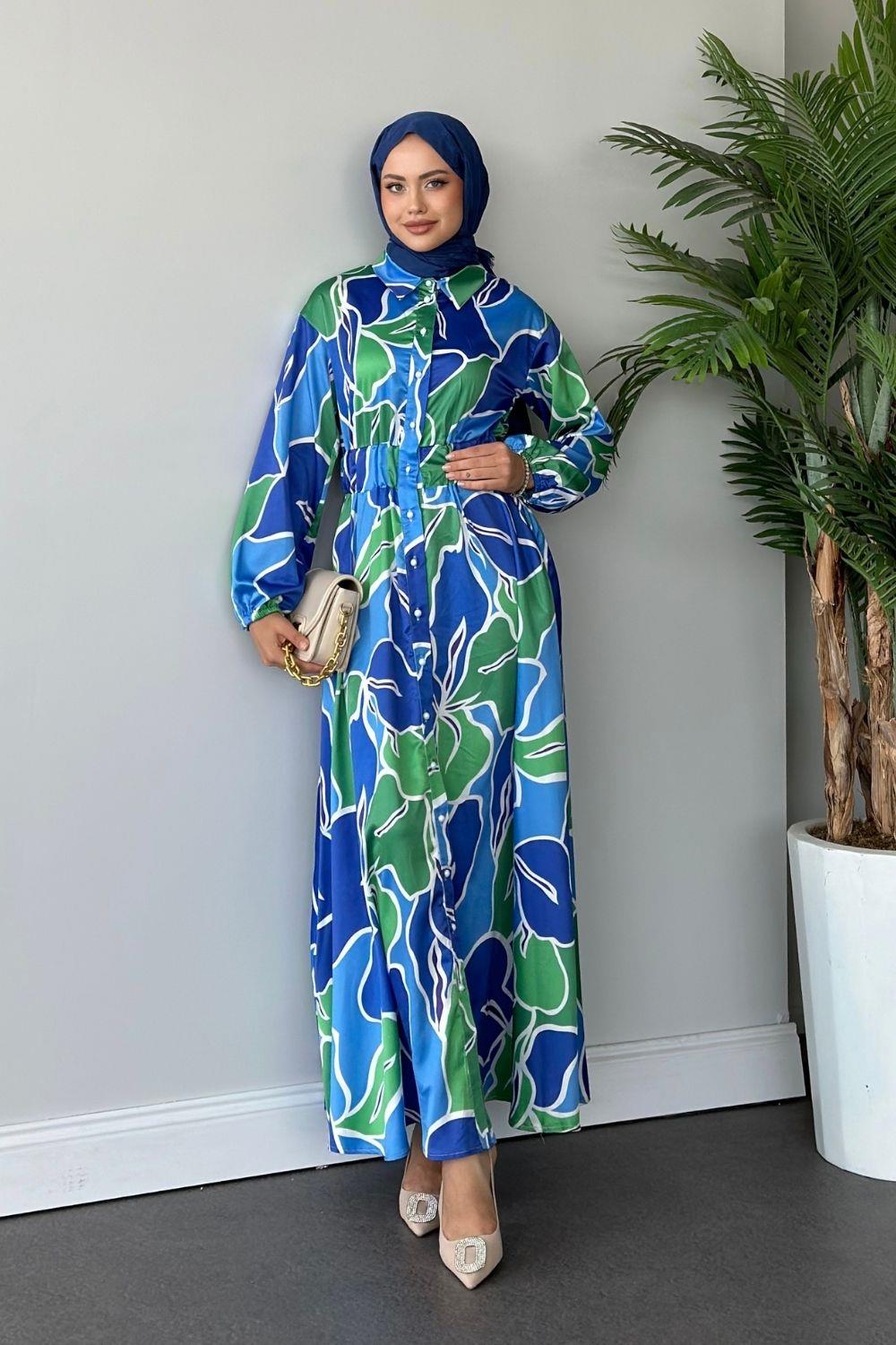 Ediz Desenli Saten Elbise Mavi 1486 