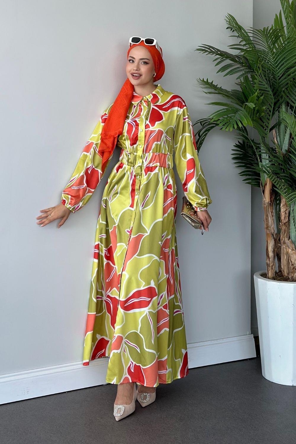 Ediz Desenli Saten Elbise Yağ Yeşili 1486 