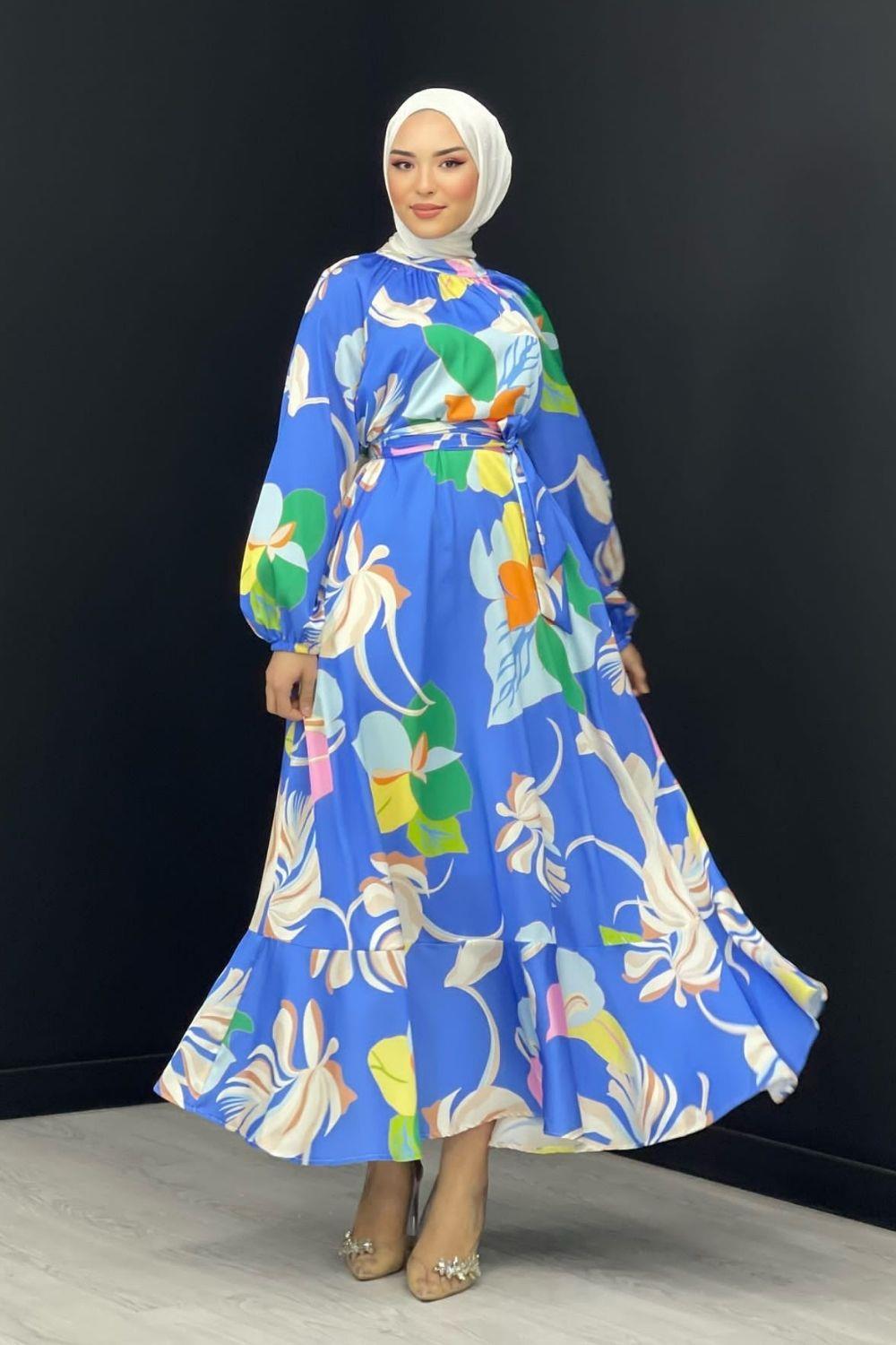 Büyük Çiçekli Kuşaklı Saten Elbise Mavi – Şule Giyim | Tesettür Giyim