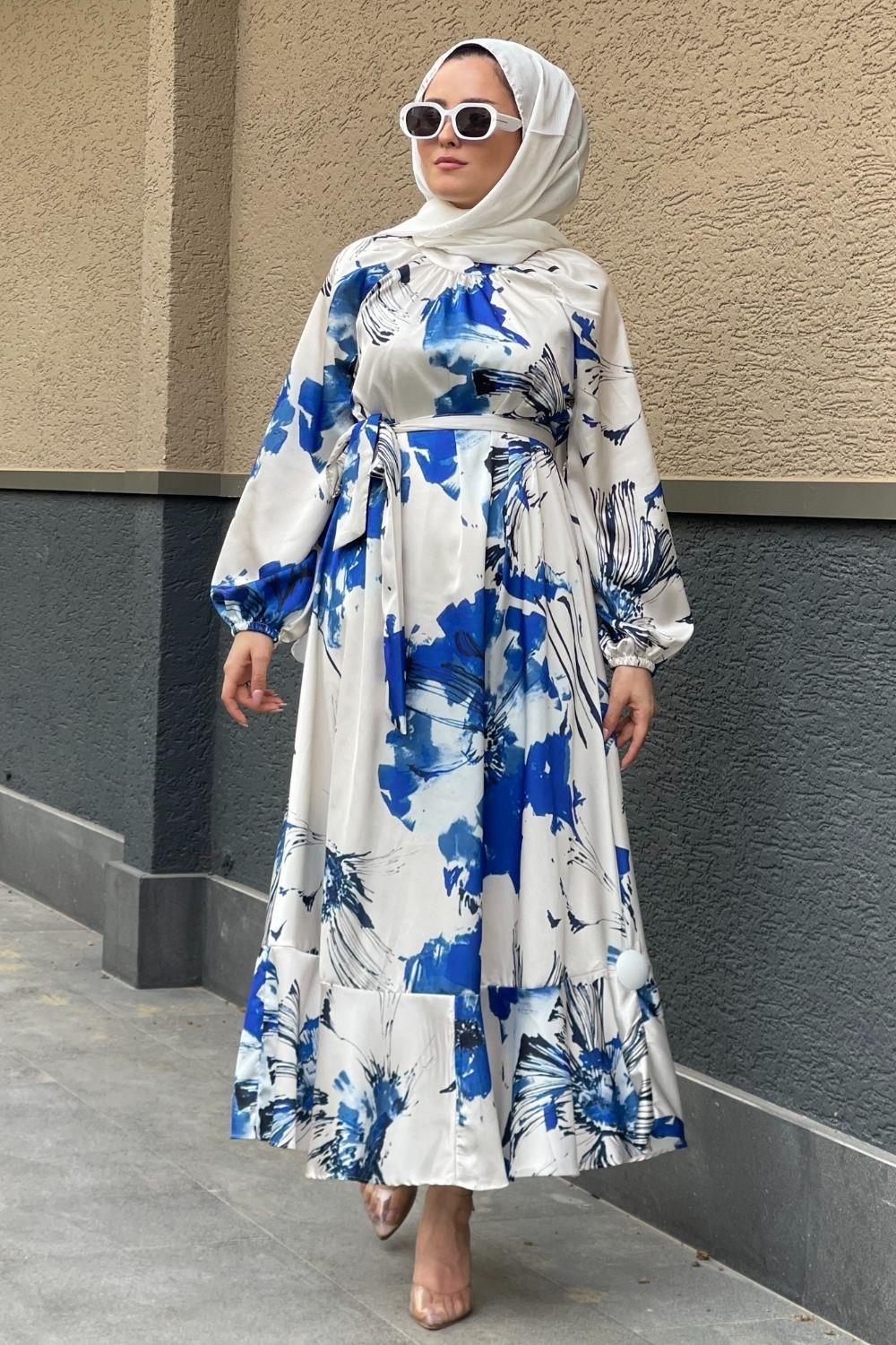 Çiçekli Saten Elbise Saks 1541 