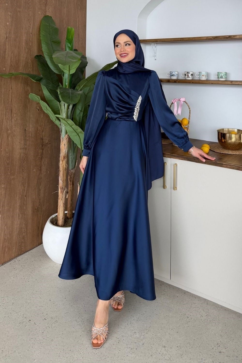 Taşlı Saten Abiye Lacivert 157 
