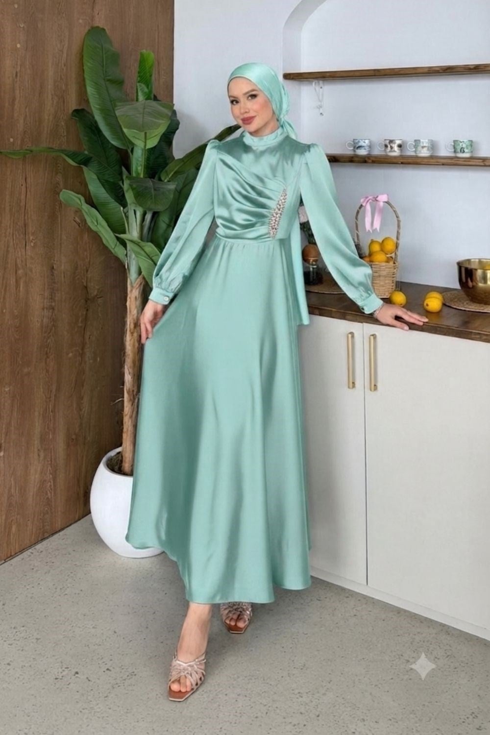 Taşlı Saten Abiye Mint 157 