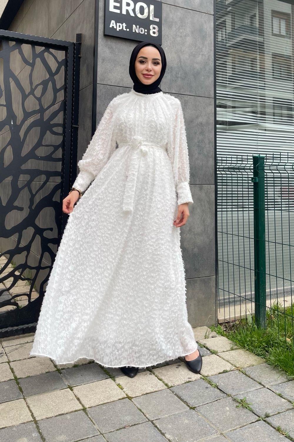 Pıtpıt Desenli Elbise Beyaz – Şule Giyim | Tesettür Giyim