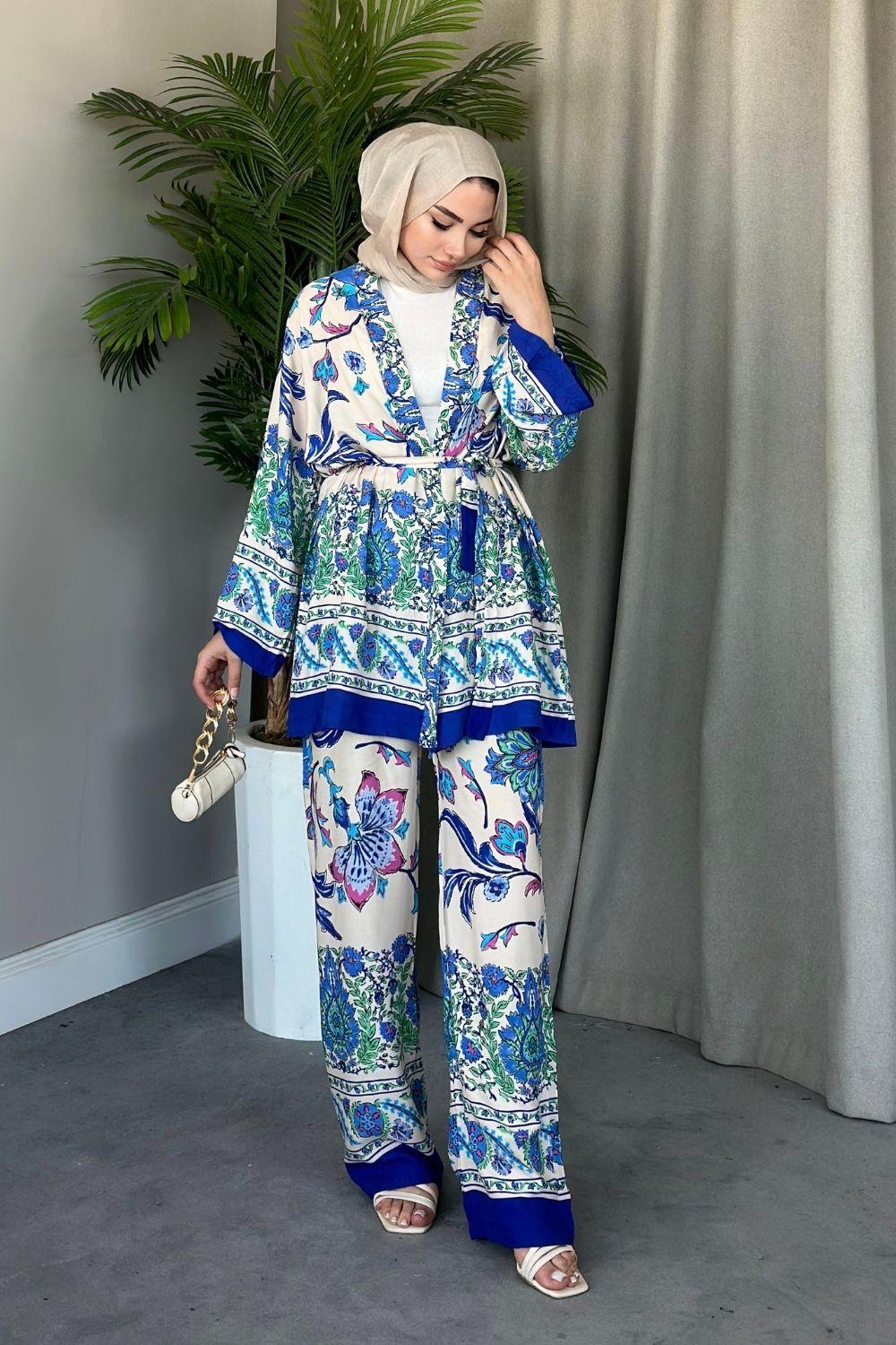 Sarmaşık Viskon Kimono Takım Saks 1878 