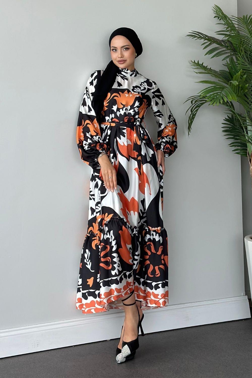 Bengi Desenli Elbise Turuncu 1942 