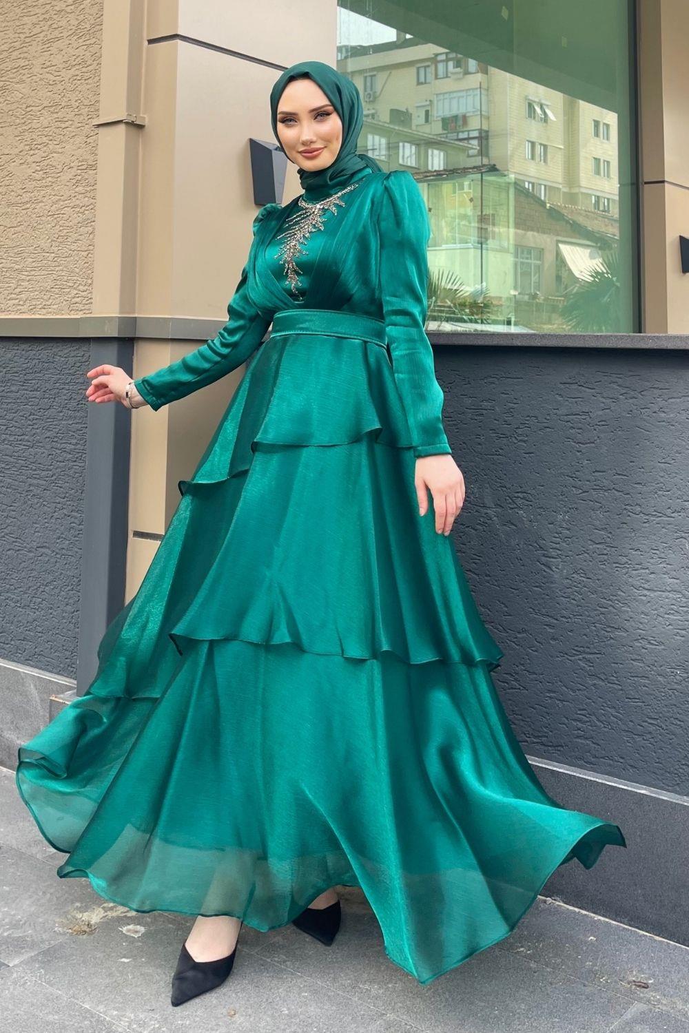 KatKat Önü İşlemeli Tasarım Abiye Zümrüt 1966 