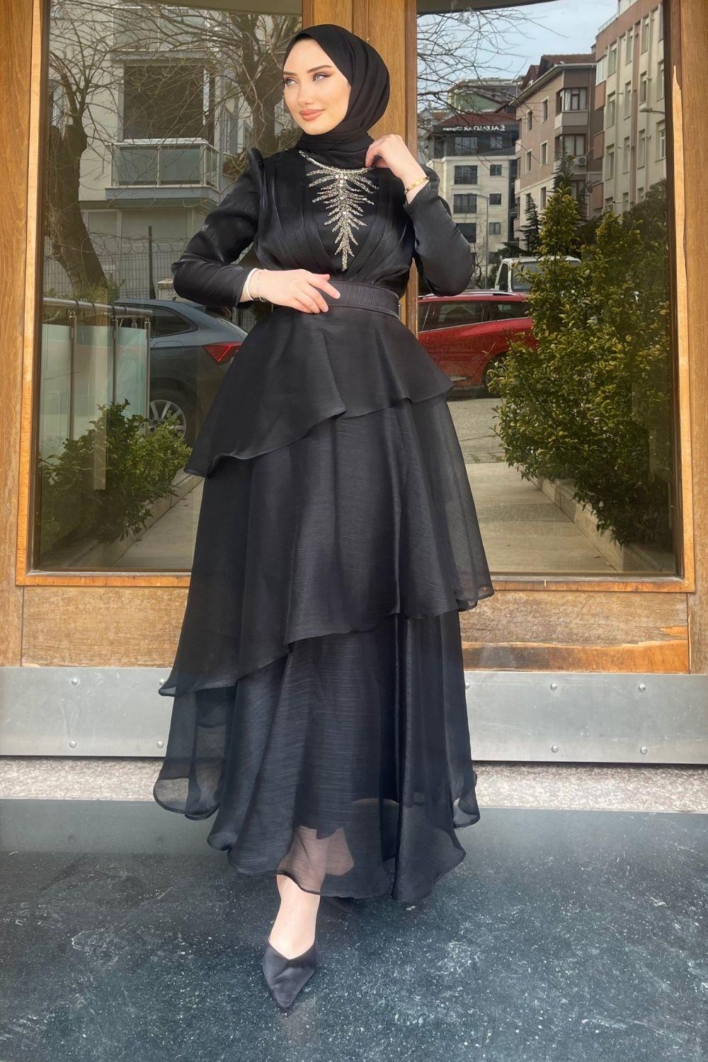 KatKat Önü İşlemeli Tasarım Abiye Siyah - Şule Giyim | Tesettür Giyim |  Yeni Sezon Kadın Giyim Modelleri