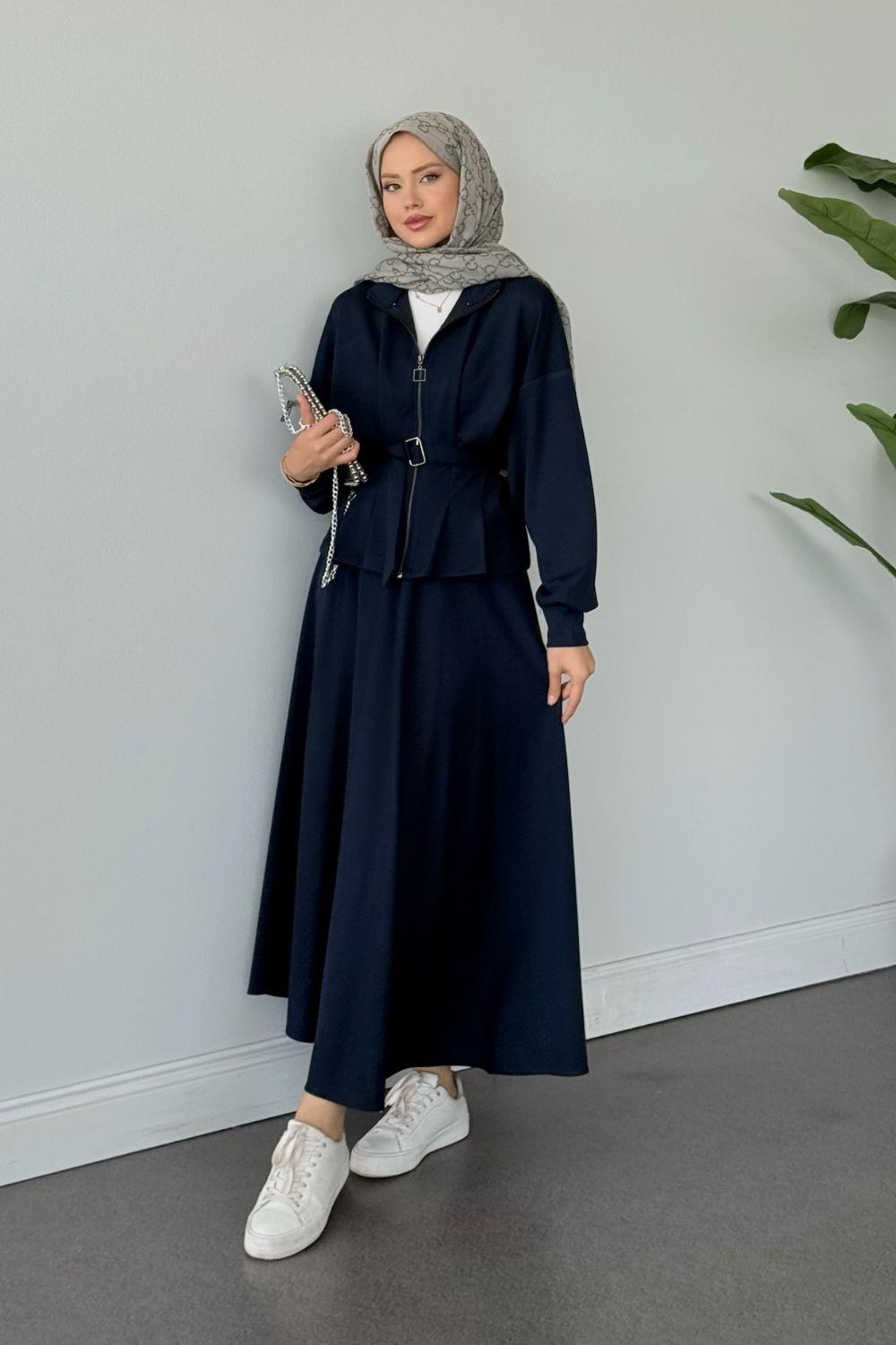 Ladik Bel Patlı Pileli Takım Lacivert 20215 