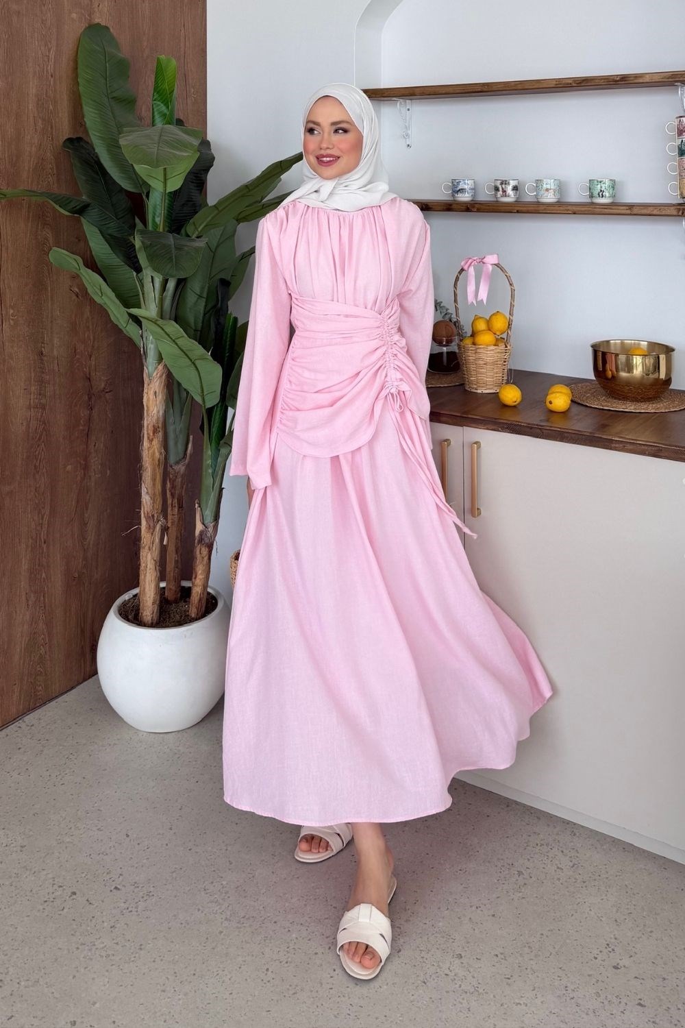 Troya Keten Elbise Pembe 20232 