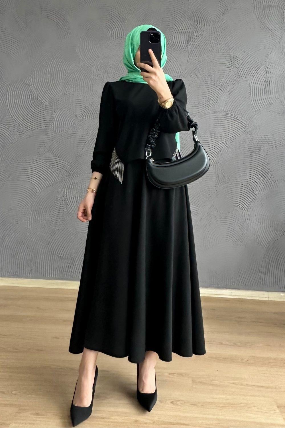 Roza Etekli Takım Siyah – Şule Giyim | Tesettür Giyim