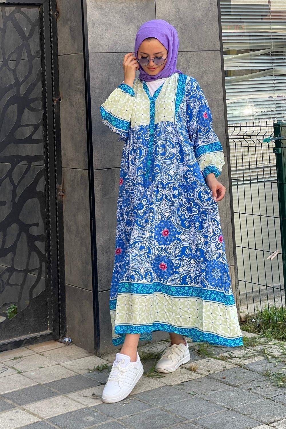 فستان فيسكوز بنمط أزرق