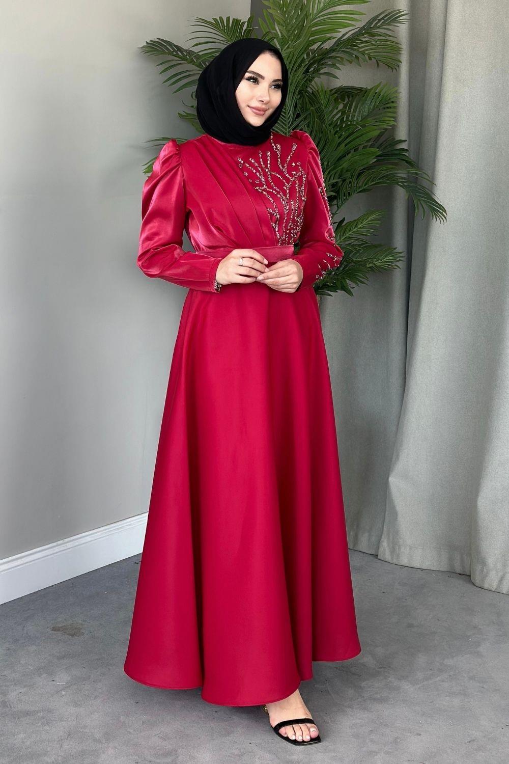 Tafta Kumaş Taş İşlemeli Kırmızı 2206 