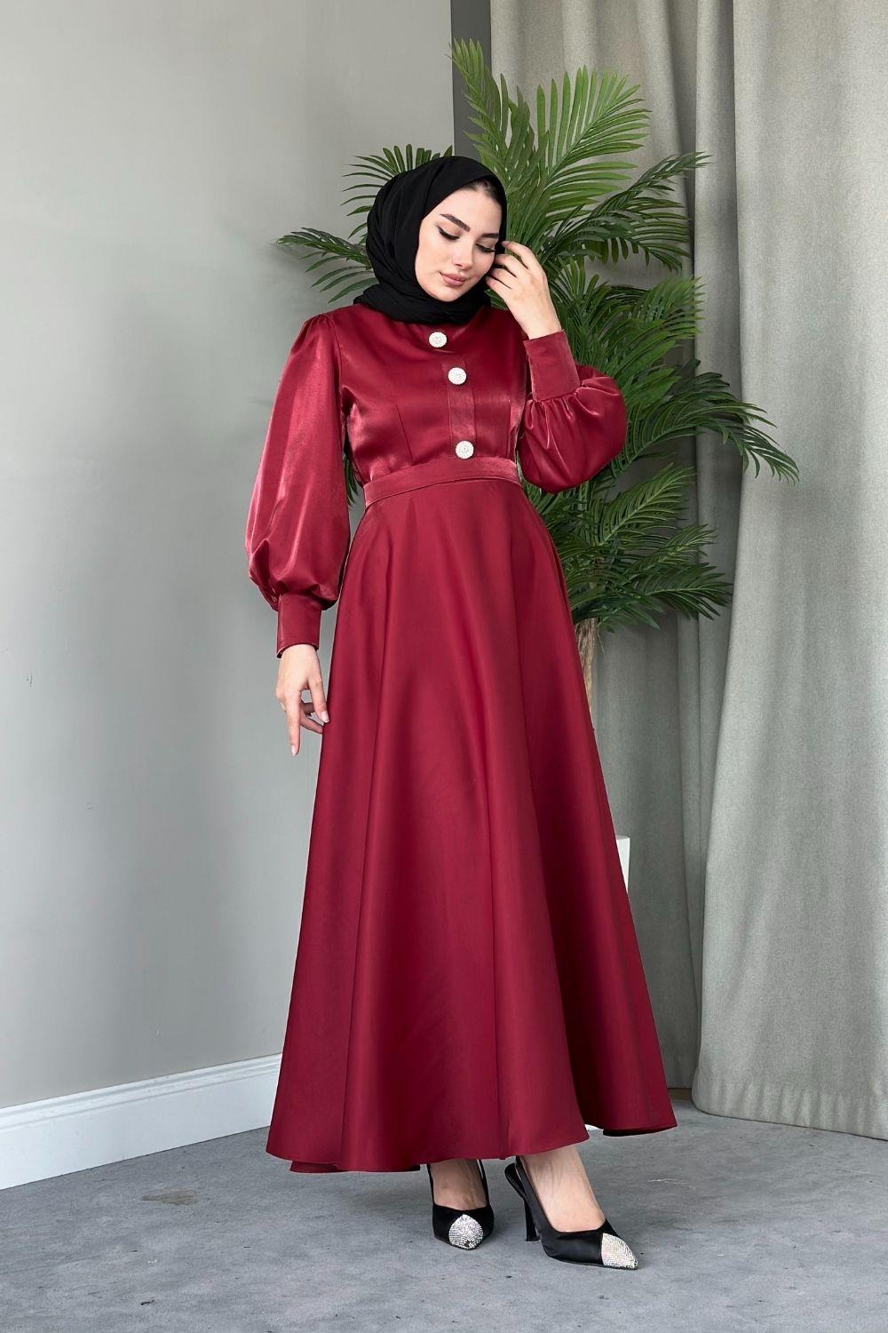 Üç Düğmeli Balon Kol Abiye Bordo 2210 