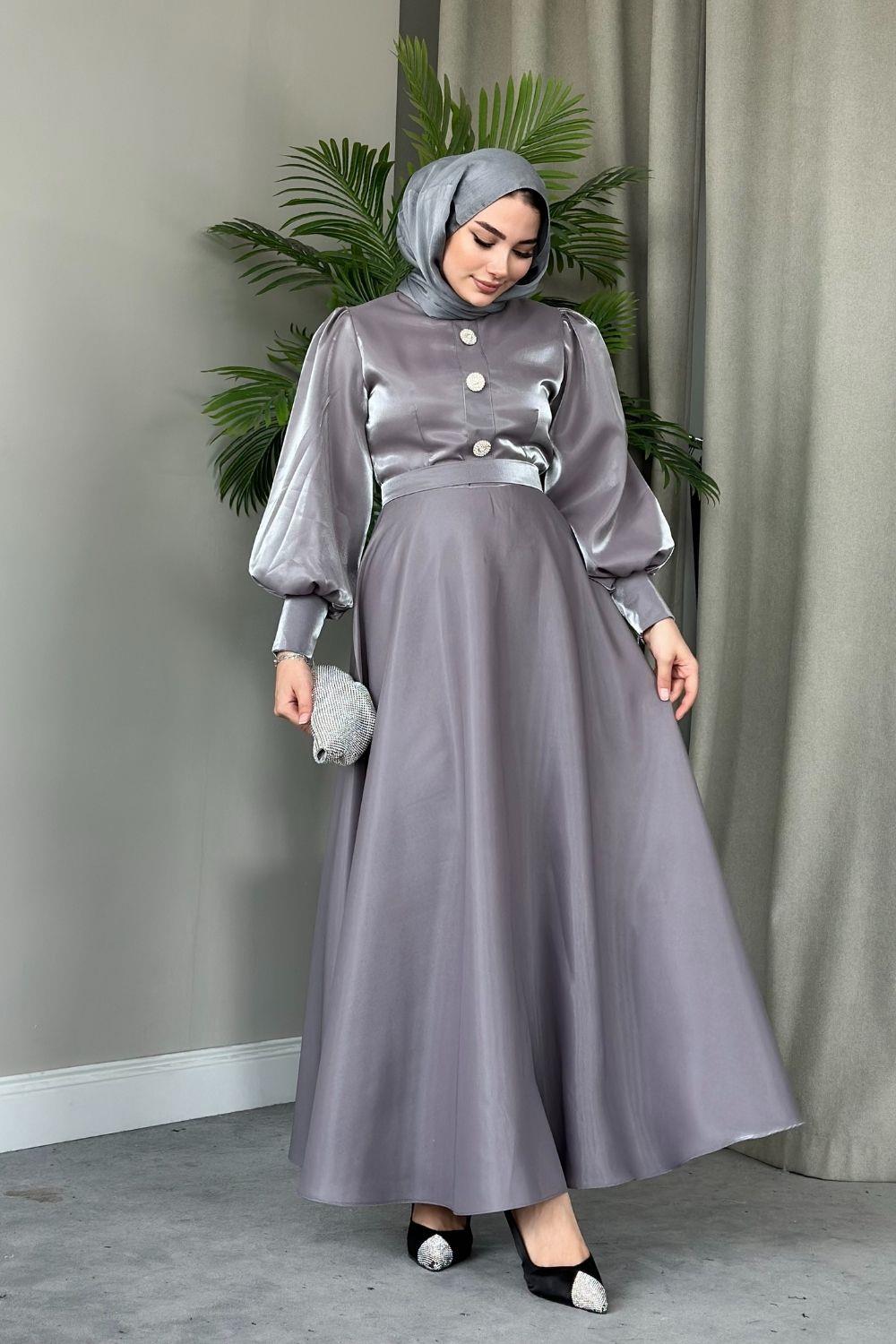 Üç Düğmeli Balon Kol Abiye Gri 2210 